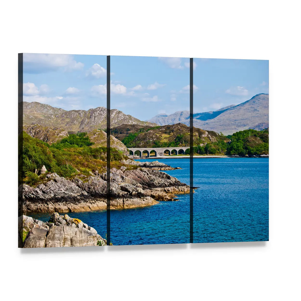 Scottish Coastal Bridge Over Rocky Shore Canvas Wall Art, 3 panel 3 Horizontal layout gallery wrapped canvas set, angled product view