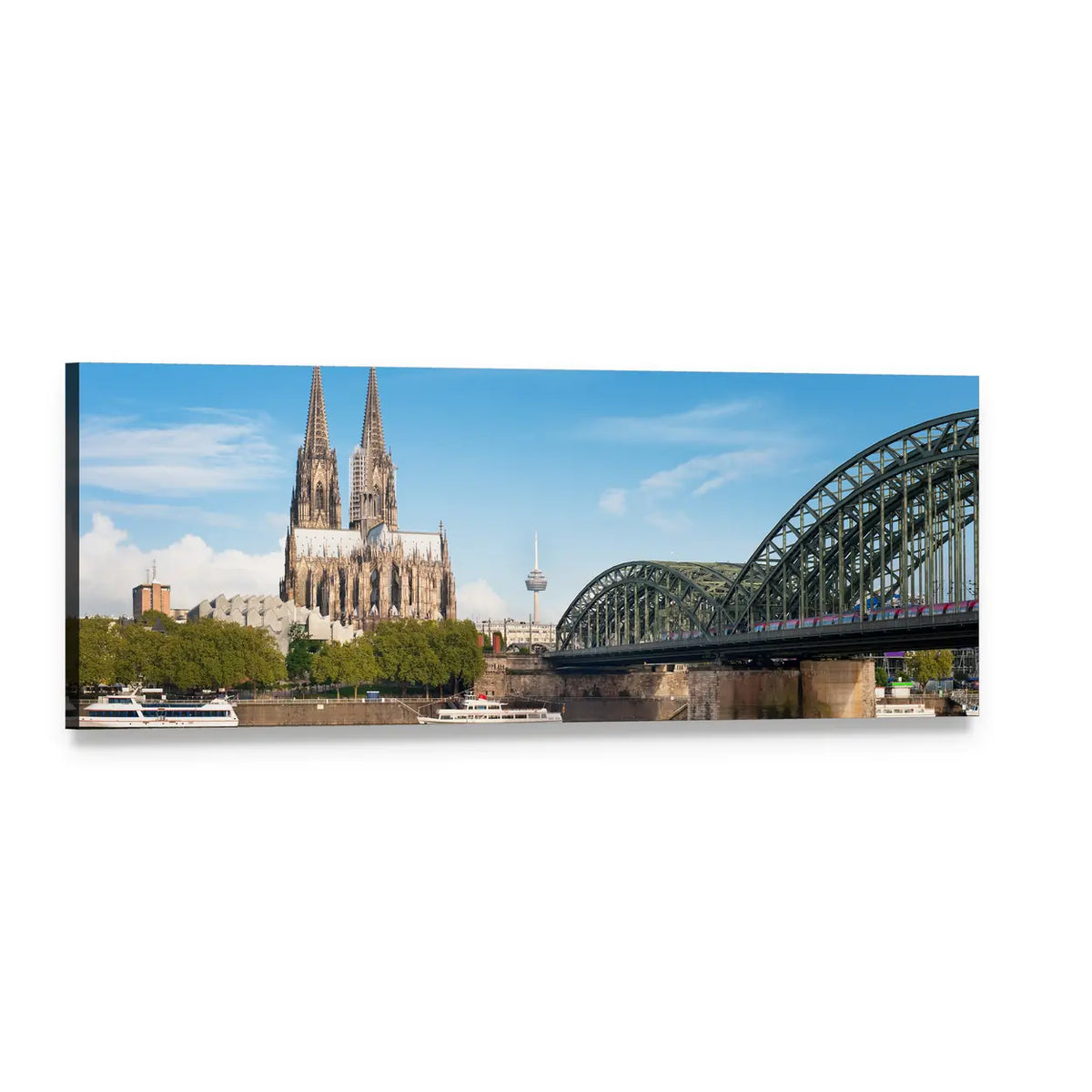 Cologne Cathedral and Hohenzollern Bridge Panoramic Canvas Wall Art, single panel gallery wrapped canvas, angled product view