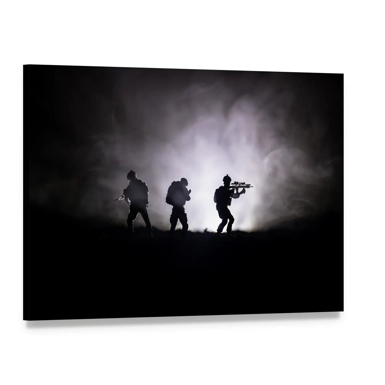 Three Soldier Silhouettes with Sniper Rifle Canvas Wall Art, single panel gallery wrapped canvas, angled product view