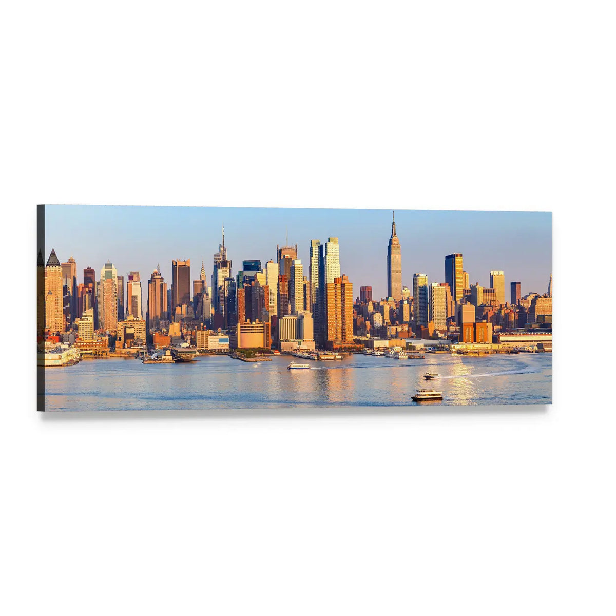 Manhattan Skyline at Golden Hour Panoramic Canvas Wall Art, single panel gallery wrapped canvas, angled product view