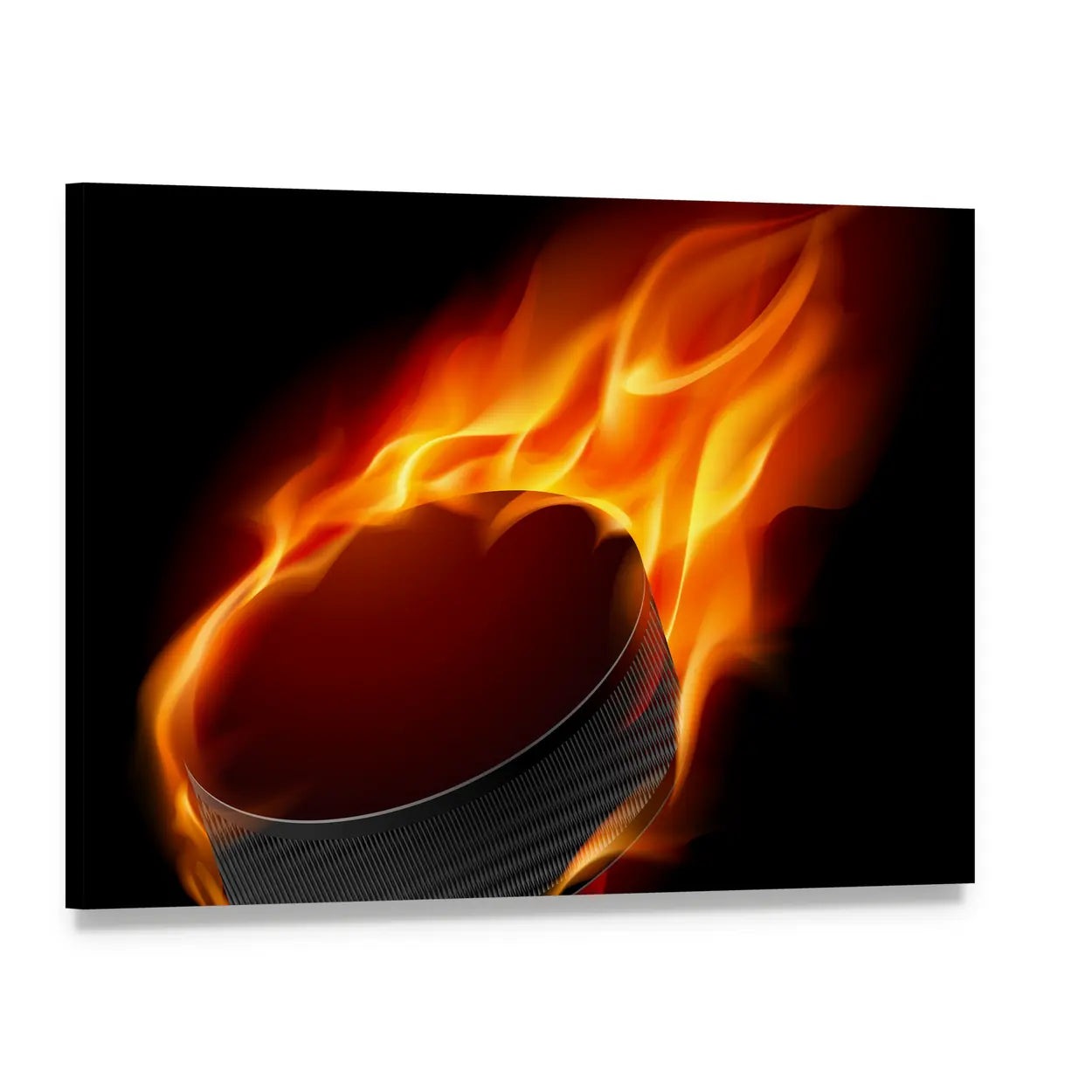 Burning Hockey Puck Canvas Wall Art, single panel gallery wrapped canvas, angled product view