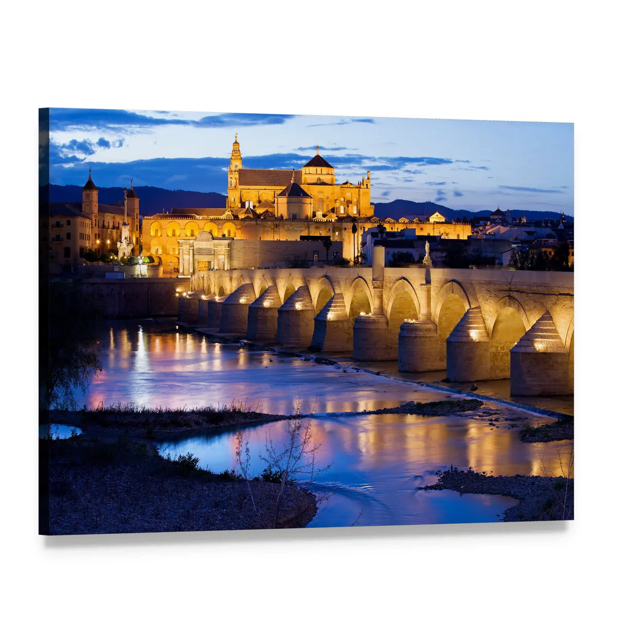Roman Bridge and Great Mosque, Cordoba at Dusk Canvas Wall Art, single panel gallery wrapped canvas, angled product view