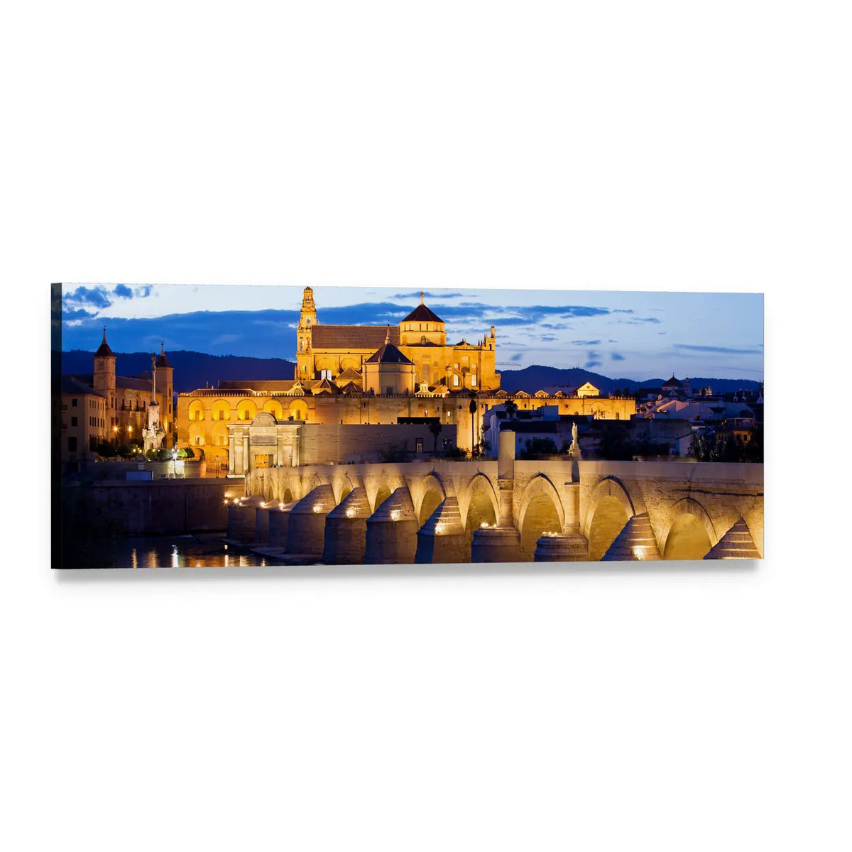Roman Bridge and Mosque-cathedral of Córdoba Panoramic Canvas Wall Art, single panel gallery wrapped canvas, angled product view
