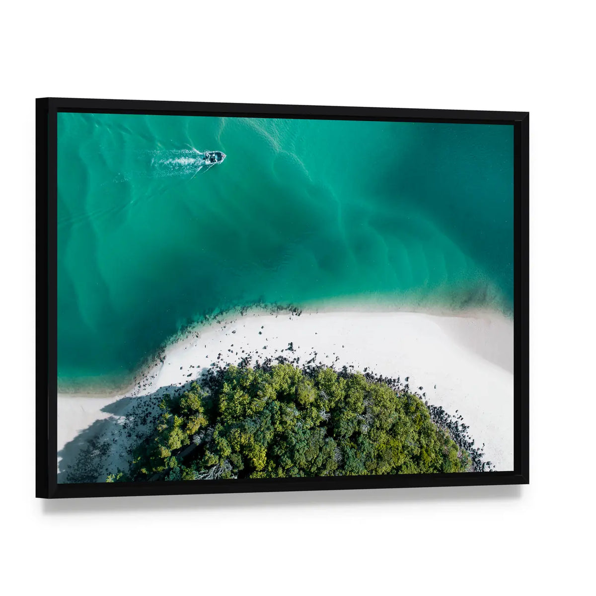 Drone Shot Of Gold Coast Canvas Wall Art, framed canvas in a black floater frame, angled product view