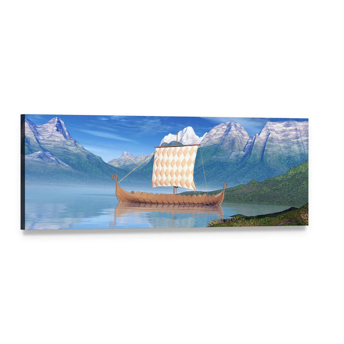 Viking Longship on Arctic Lake Panoramic Canvas Wall Art, single panel gallery wrapped canvas, angled product view