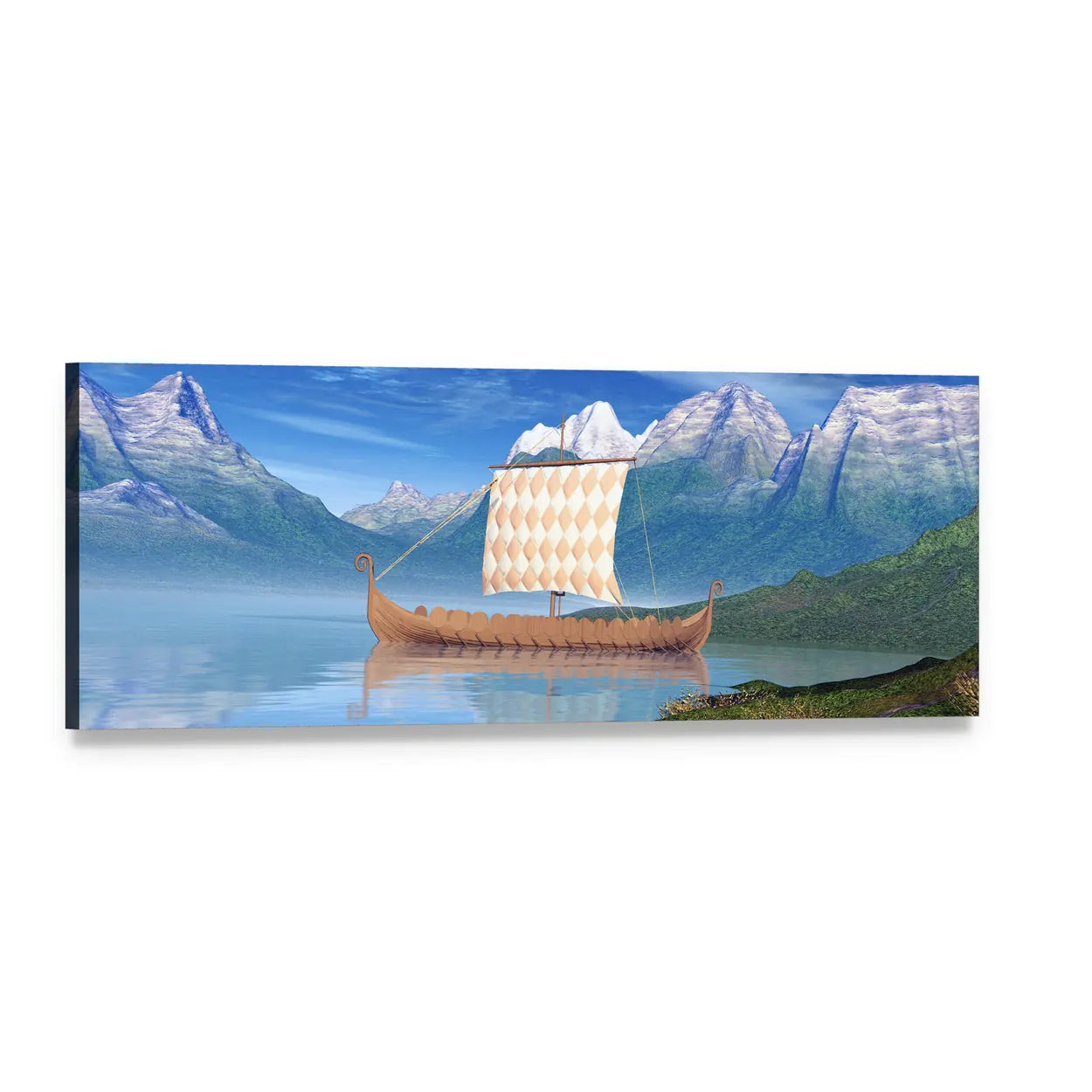 Viking Longship on Arctic Lake Panoramic Canvas Wall Art, single panel gallery wrapped canvas, angled product view