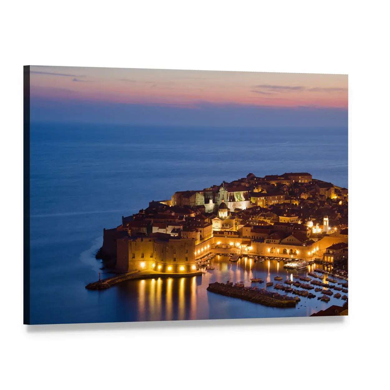Historic Croatian Harbor at Twilight Canvas Wall Art, single panel gallery wrapped canvas, angled product view