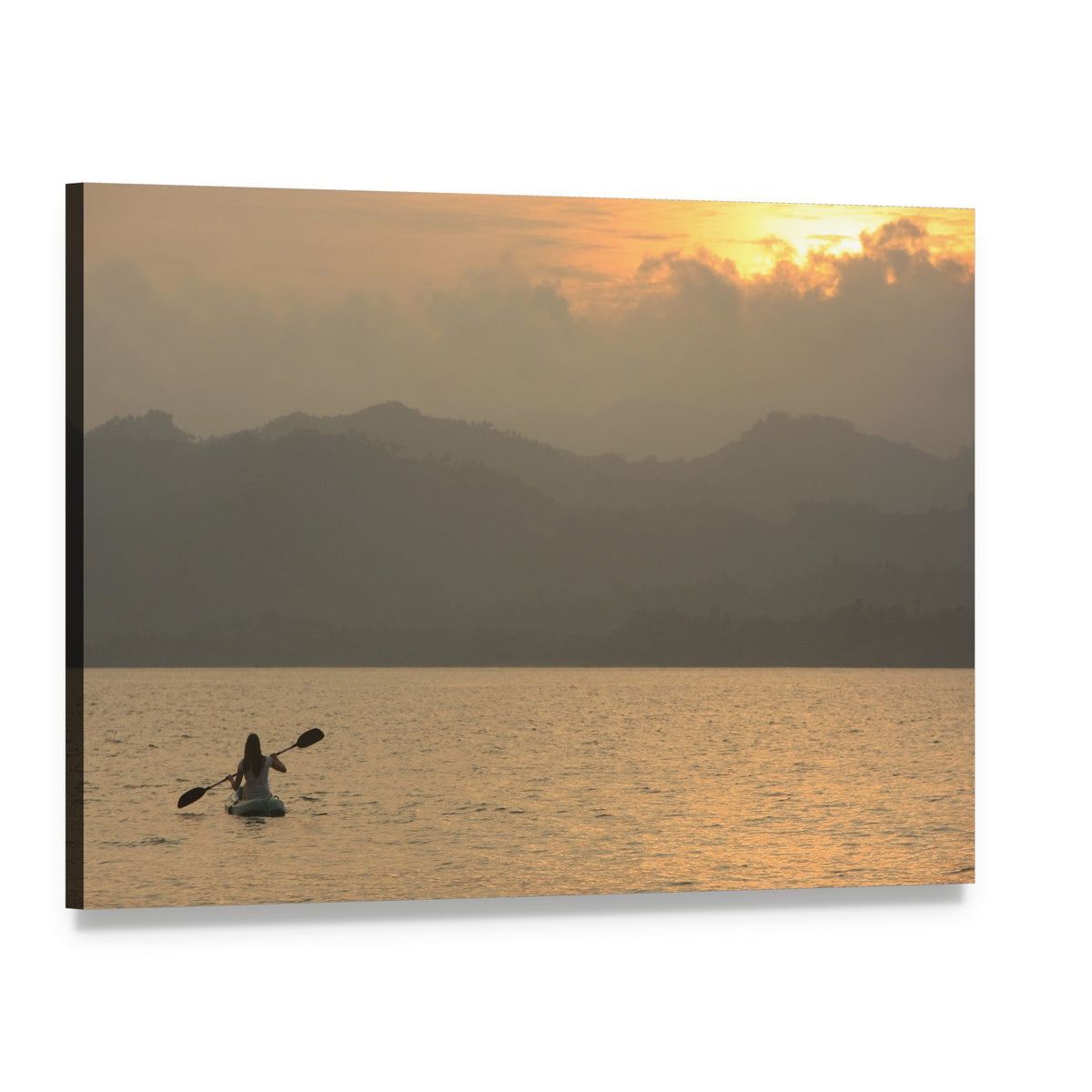 Kayaker on Serene Lake at Sunrise Canvas Wall Art, single panel gallery wrapped canvas, angled product view