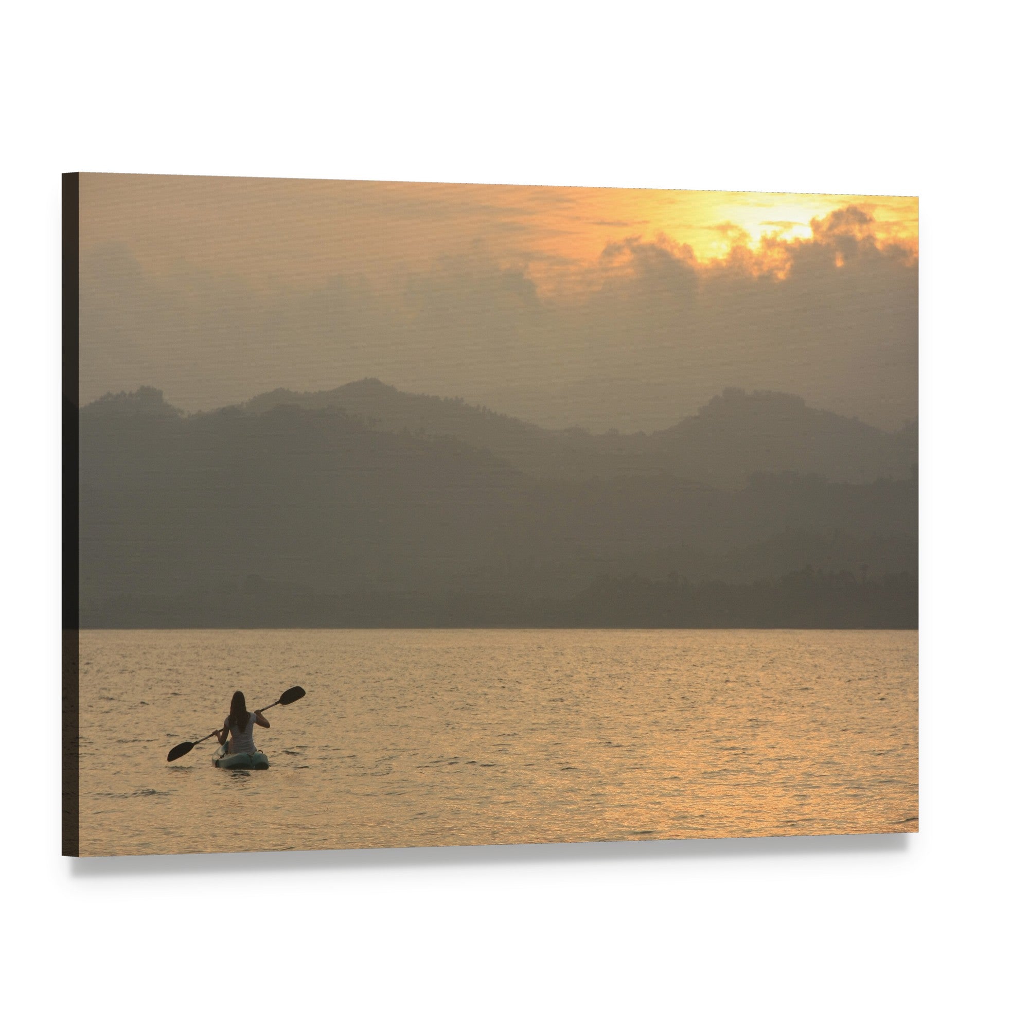 Kayaker on Serene Lake at Sunrise Canvas Wall Art, single panel gallery wrapped canvas, angled product view