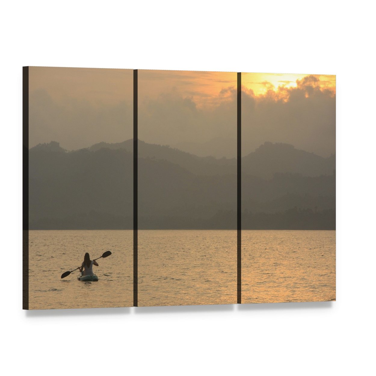 Kayaker on Serene Lake at Sunrise Canvas Wall Art, 3 panel 3 Horizontal layout gallery wrapped canvas set, angled product view