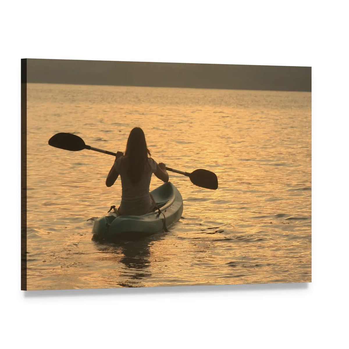Woman Kayaking at Sunrise Canvas Wall Art, single panel gallery wrapped canvas, angled product view