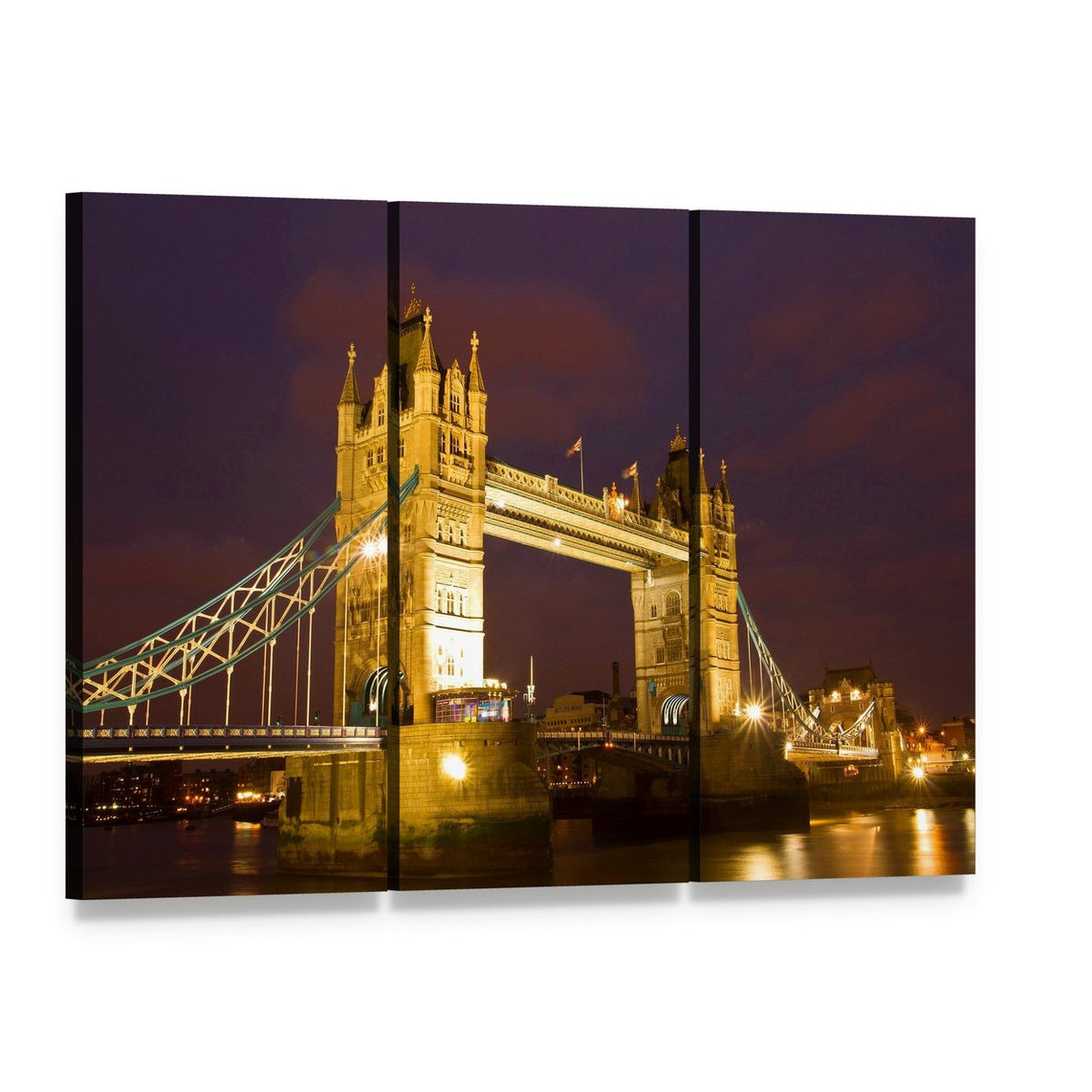 Tower Bridge Illuminated at Twilight Canvas Wall Art, 3 panel 3 Horizontal layout gallery wrapped canvas set, angled product view