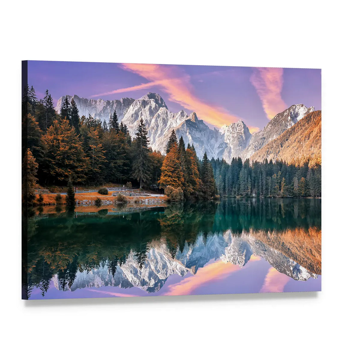 Fusine Lake Reflection at Sunrise Canvas Wall Art, single panel gallery wrapped canvas, angled product view