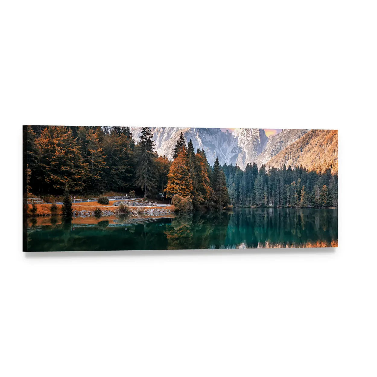 Fusine Lake Autumn Reflections Panoramic Canvas Wall Art, single panel gallery wrapped canvas, angled product view