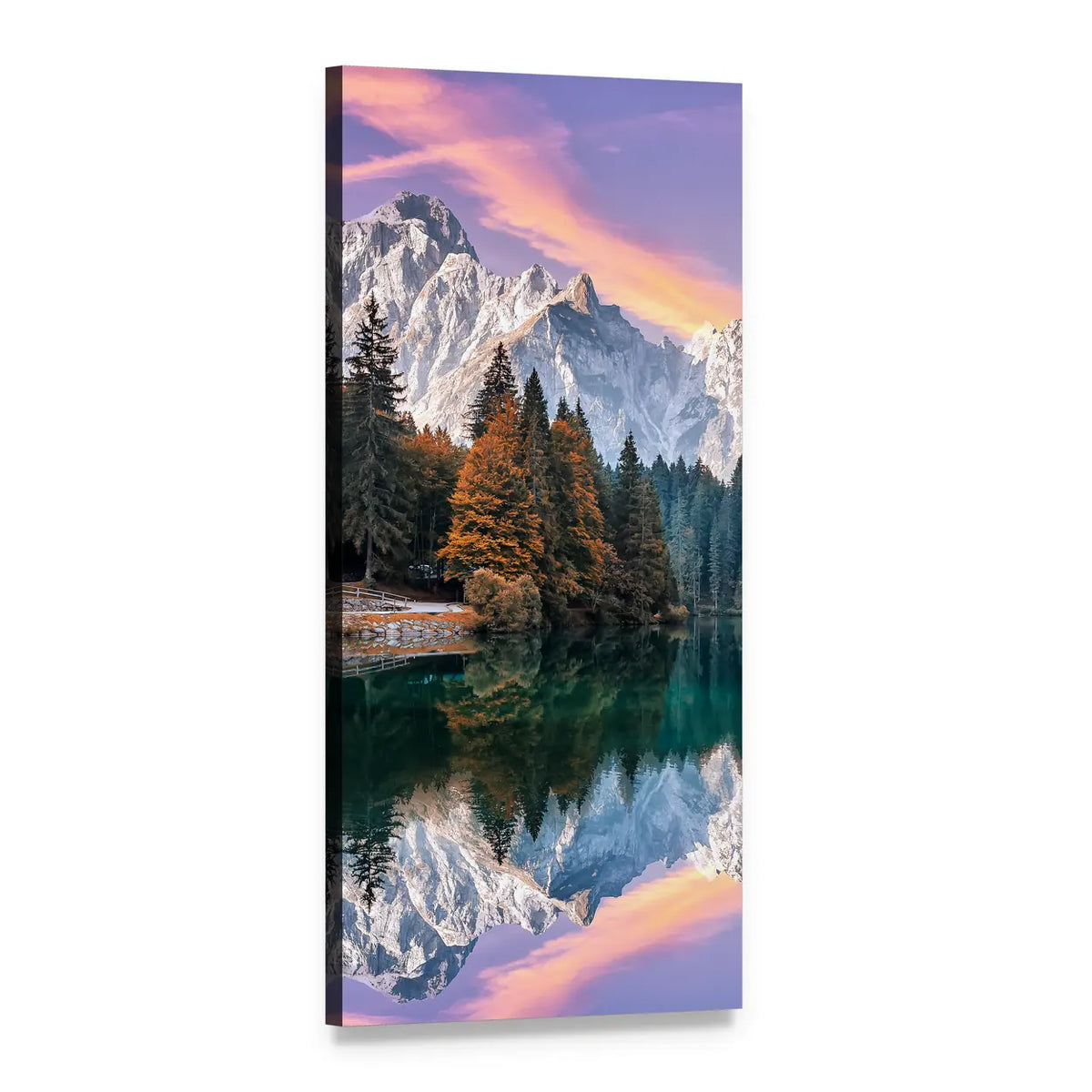 Fusine Lake Italy Autumn Reflection Vertical Canvas Wall Art, 1 panel 1 Vertical layout gallery wrapped canvas set, angled product view
