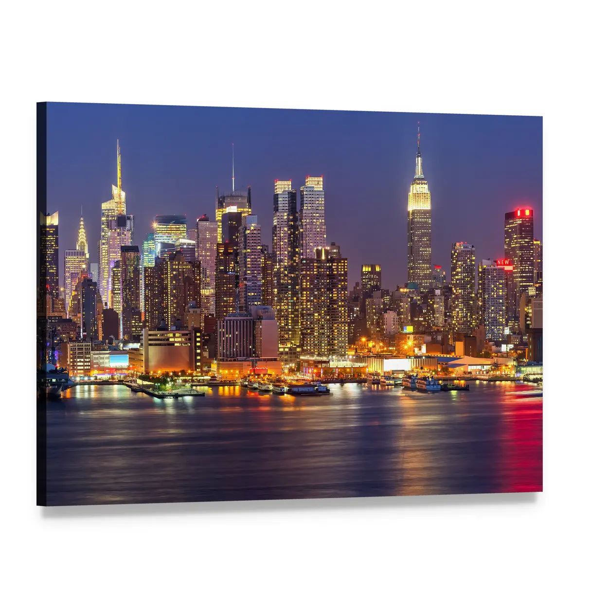 Manhattan Skyline at Night Canvas Wall Art, single panel gallery wrapped canvas, angled product view
