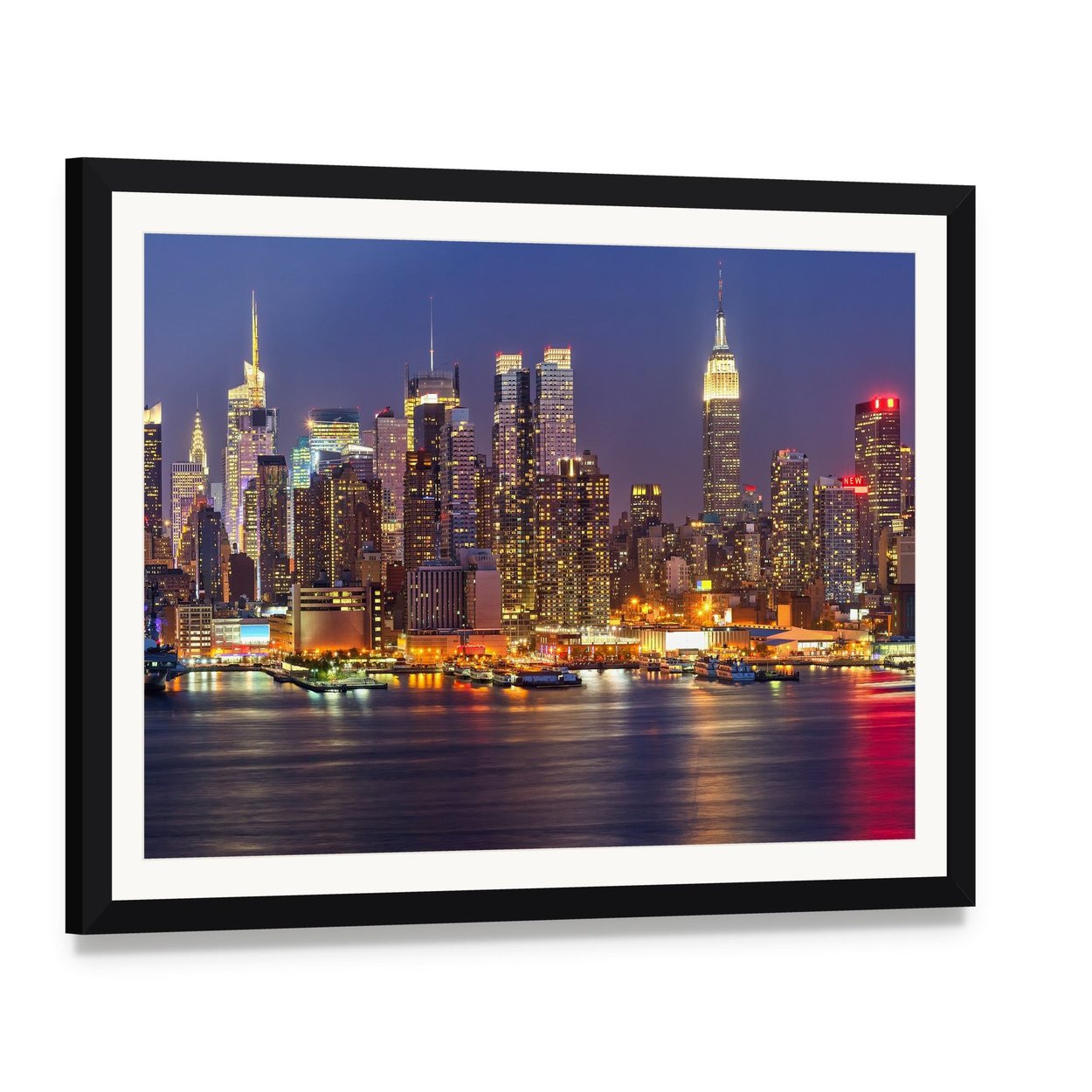 Manhattan at Night Canvas Wall Art, framed print with white mat and black frame, angled product view
