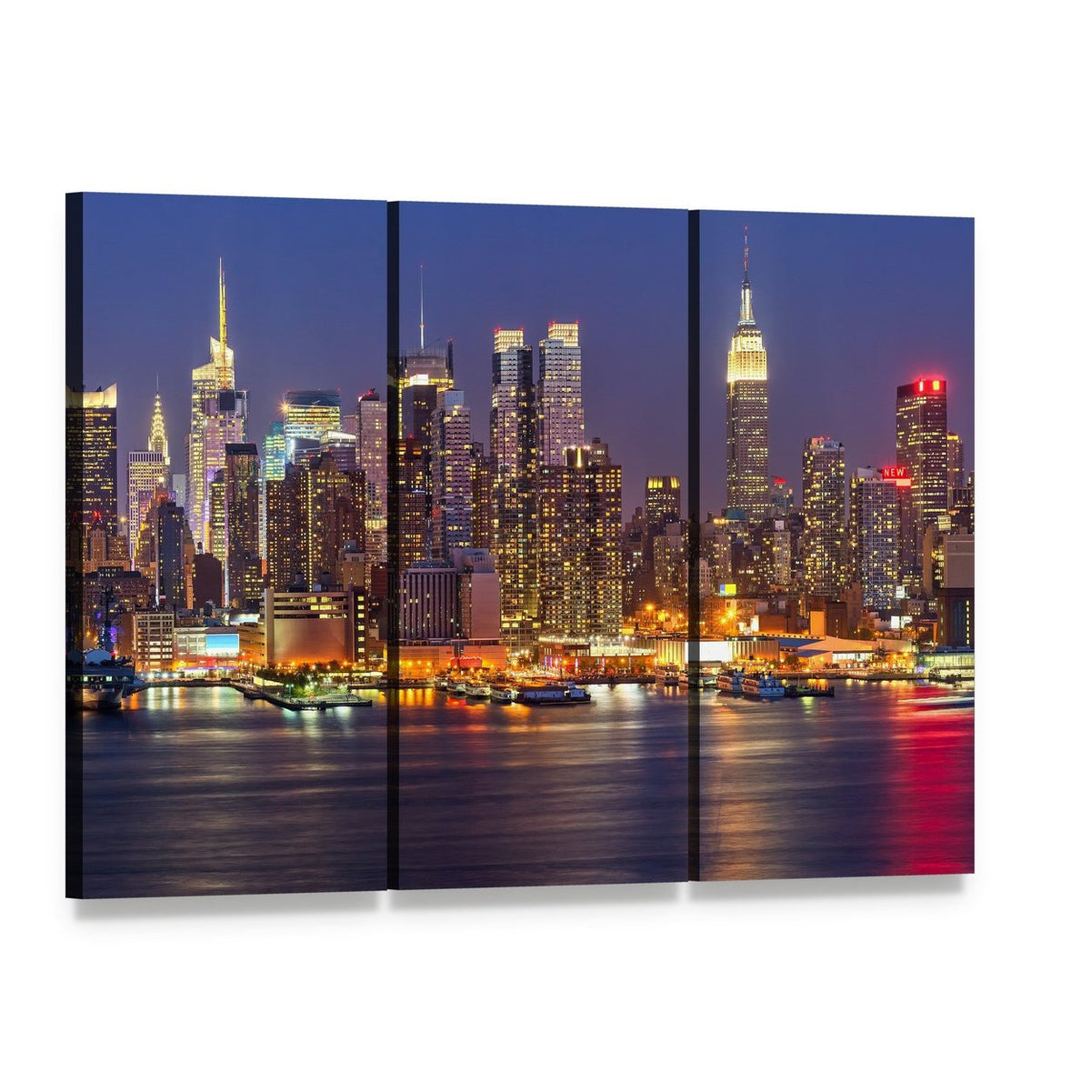 Manhattan at Night Canvas Wall Art, 3 panel 3 Horizontal layout gallery wrapped canvas set, angled product view