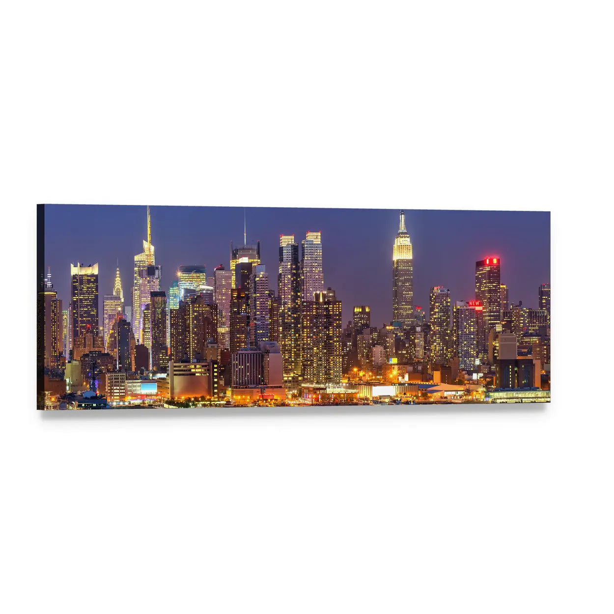 Manhattan Night Skyline Panoramic Canvas Wall Art, single panel gallery wrapped canvas, angled product view