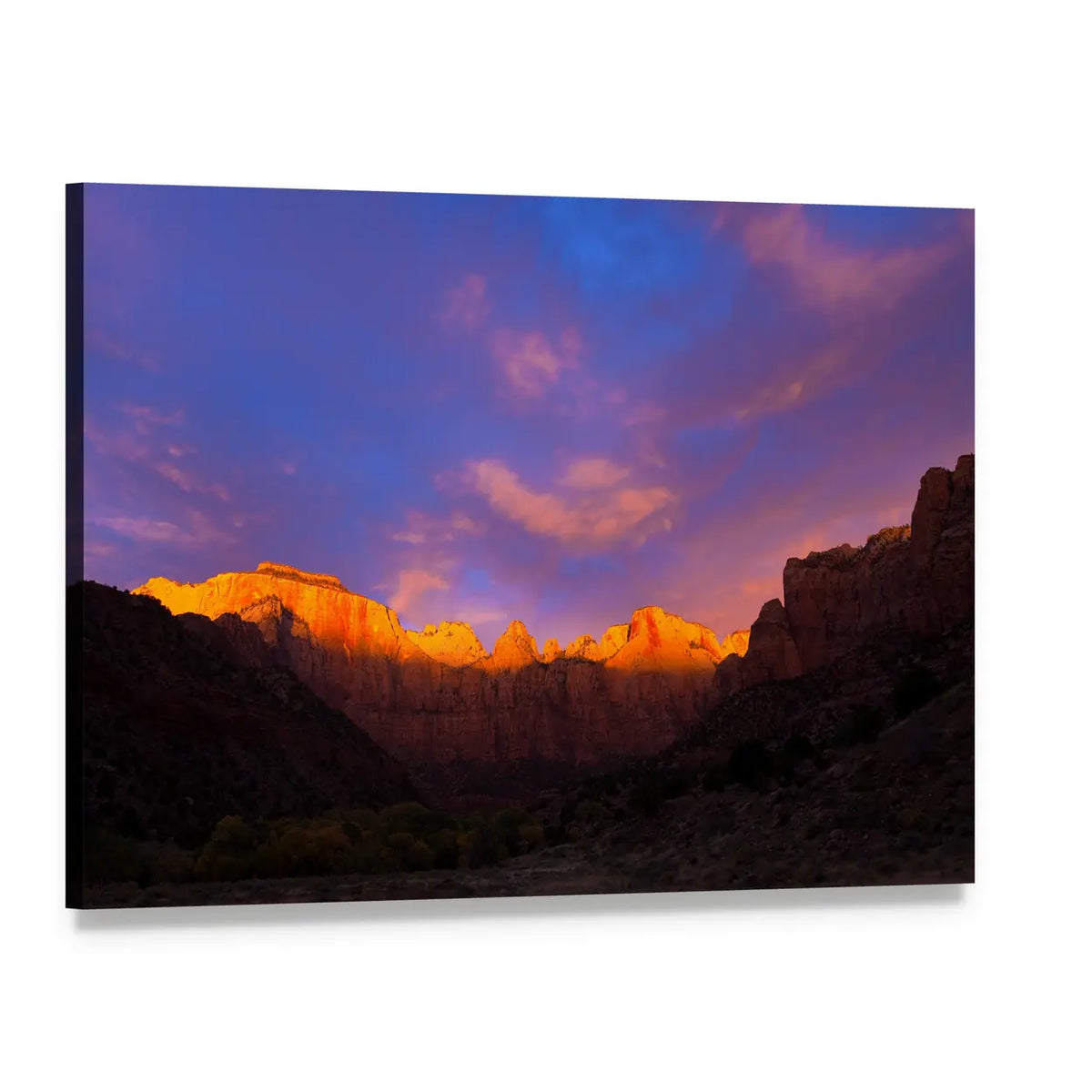 Towers of the Virgin at Sunset Canvas Wall Art, single panel gallery wrapped canvas, angled product view