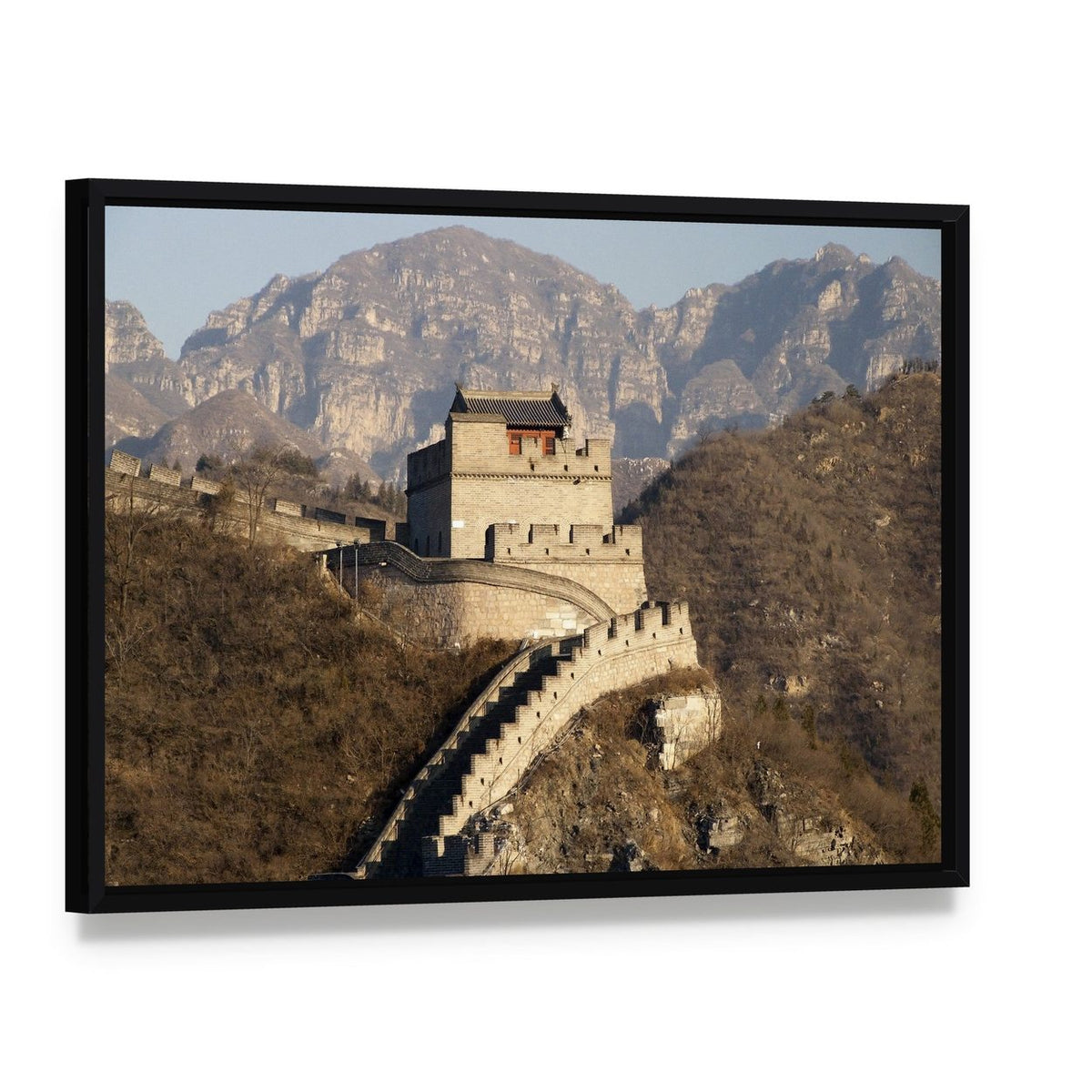 Great Wall of Badaling Canvas Wall Art, framed canvas in a black floater frame, angled product view