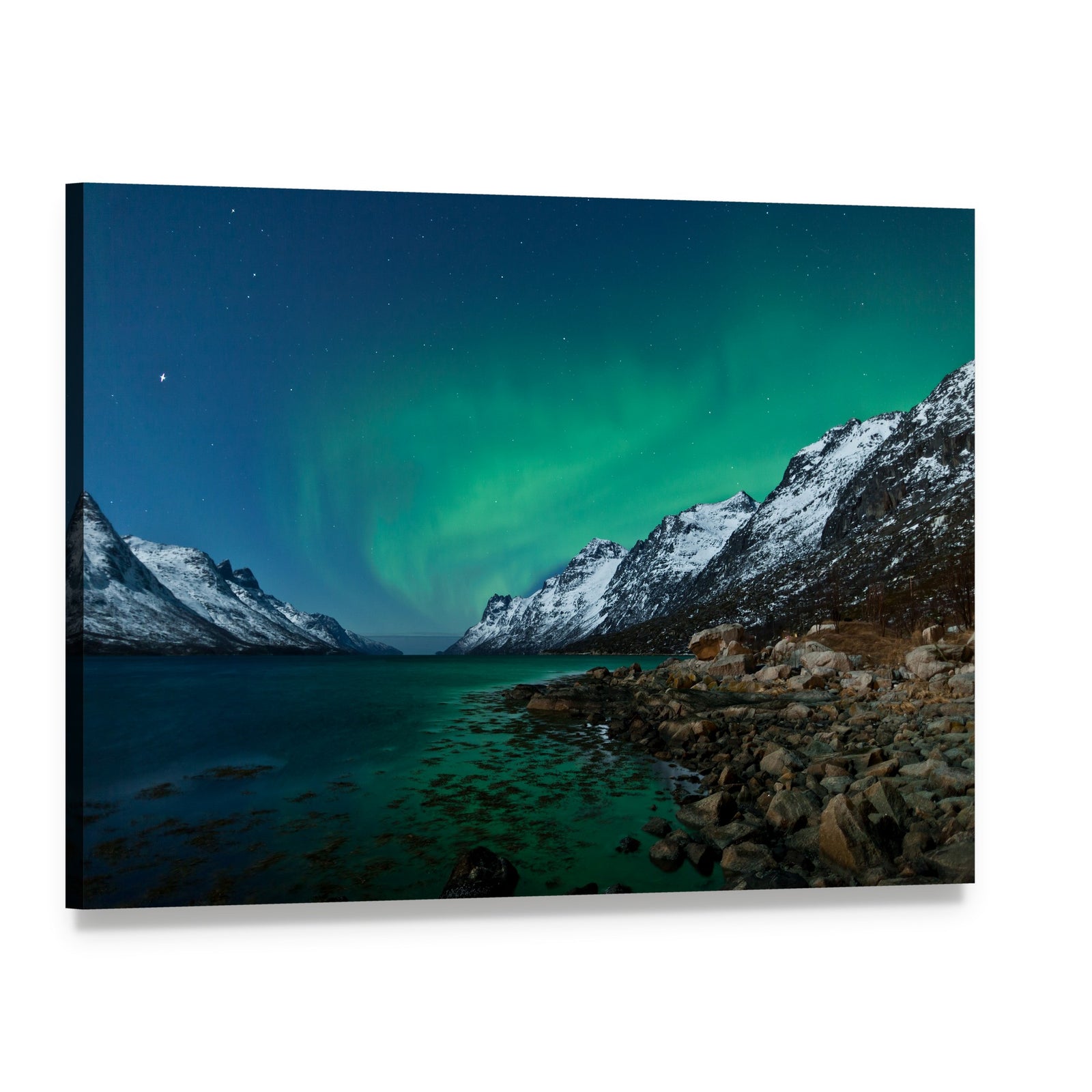 Aurora Borealis Over Fjords Canvas Wall Art, single panel gallery wrapped canvas, angled product view