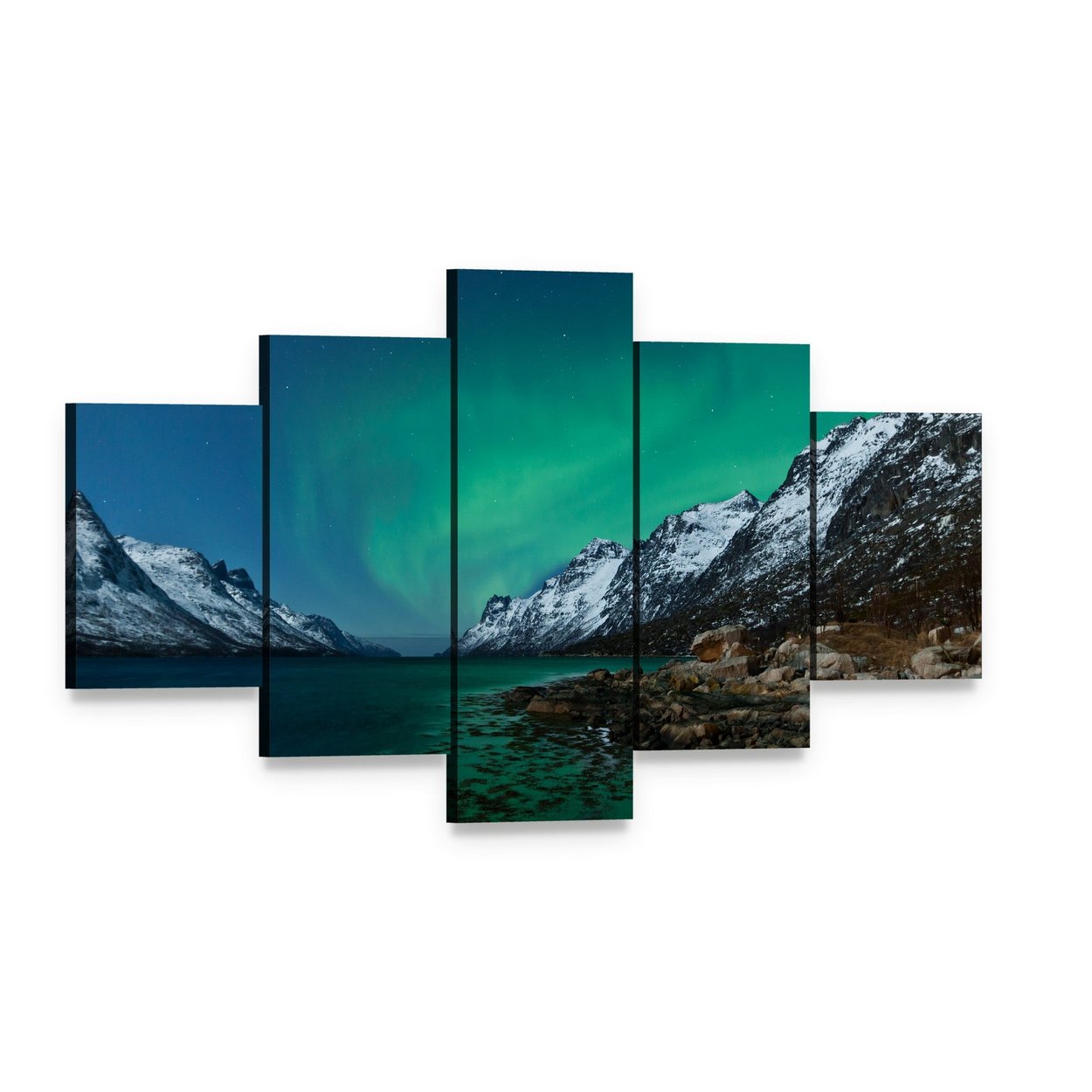 Aurora Borealis Over Fjords Canvas Wall Art, 5 panel 5 Star layout gallery wrapped canvas set, angled product view