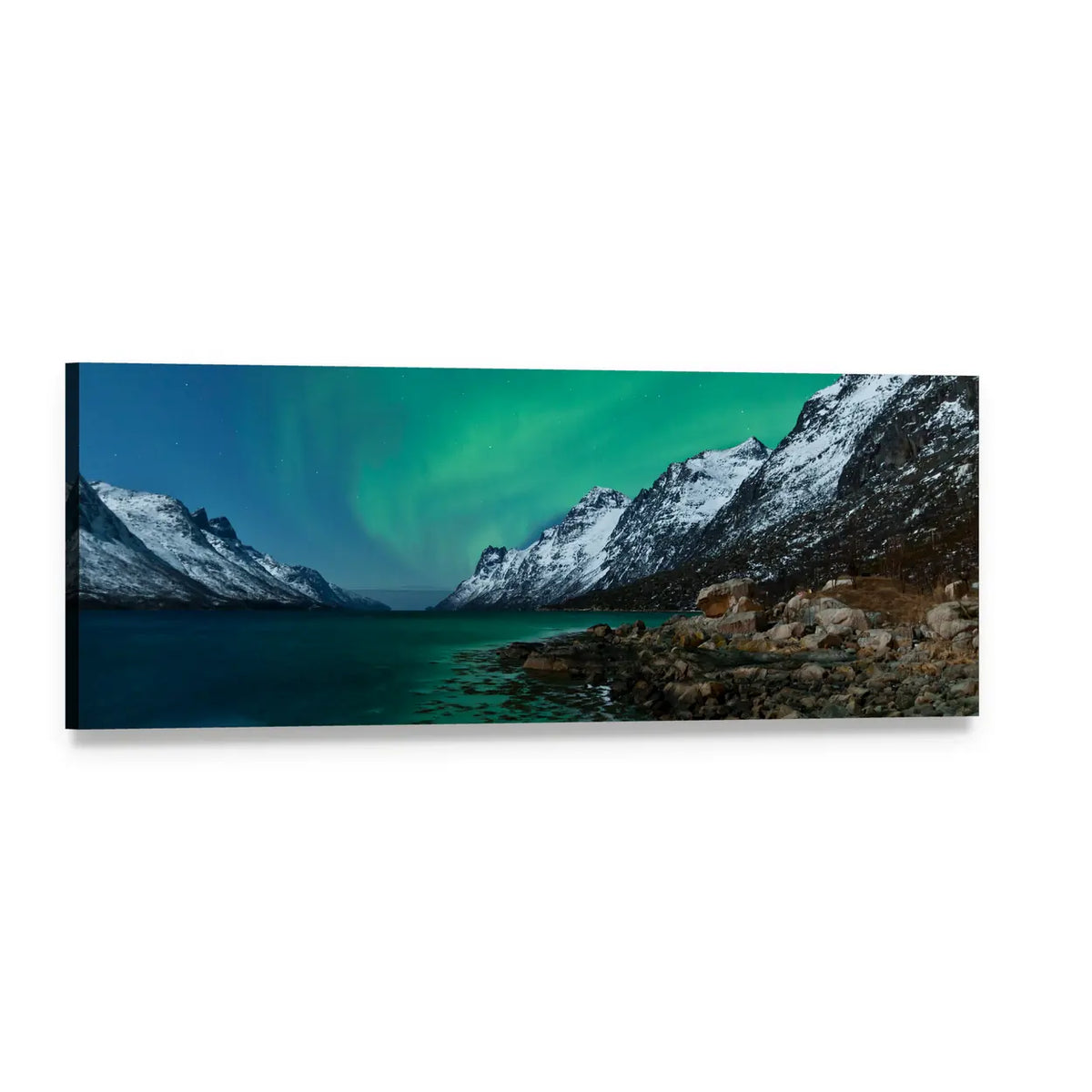 Aurora Borealis Over Snow-capped Fjords Panoramic Canvas Wall Art, single panel gallery wrapped canvas, angled product view