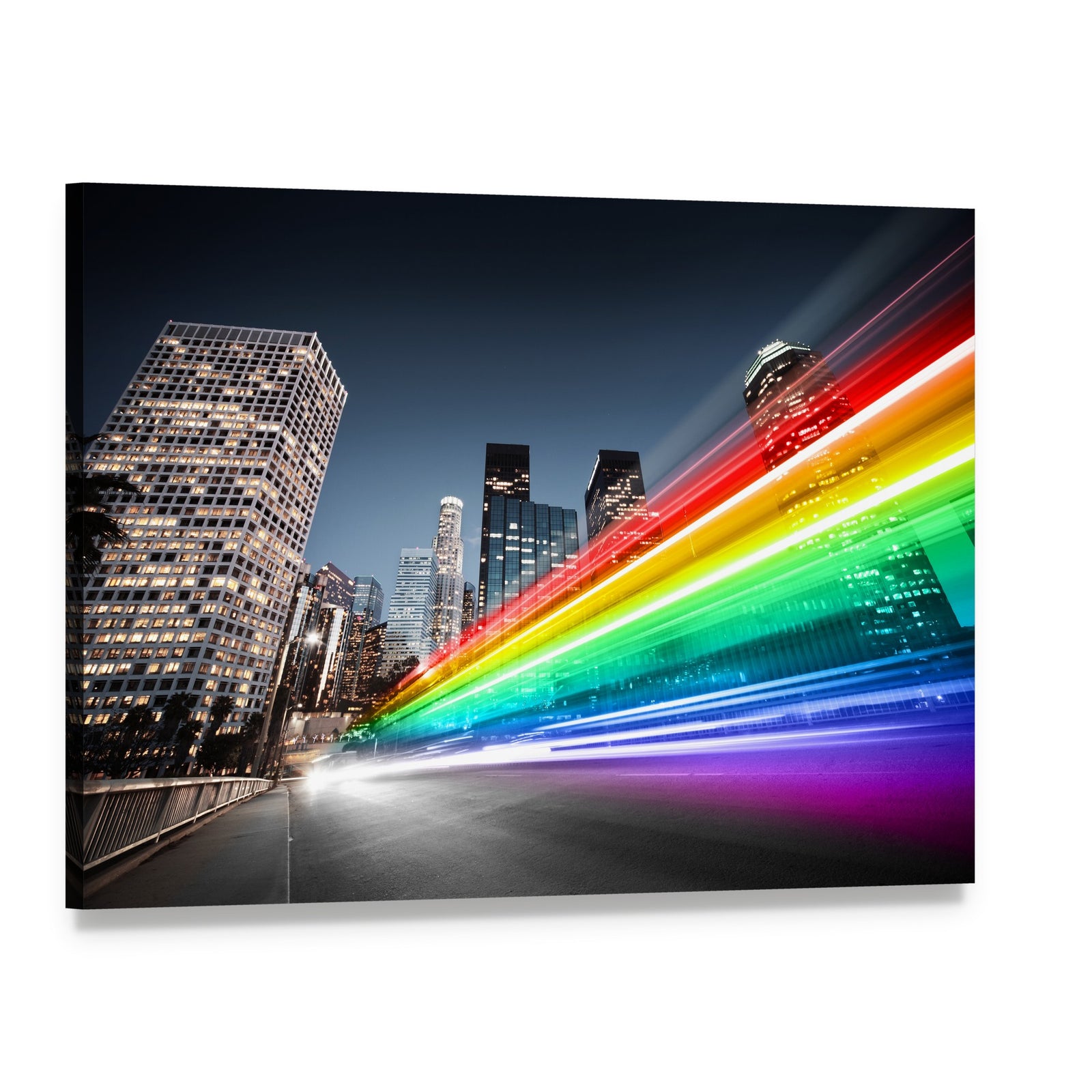Colorful Rainbow Bus Traffic Canvas Wall Art, single panel gallery wrapped canvas, angled product view