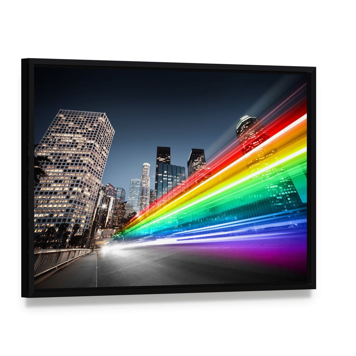 Colorful Rainbow Bus Traffic Canvas Wall Art, framed canvas in a black floater frame, angled product view