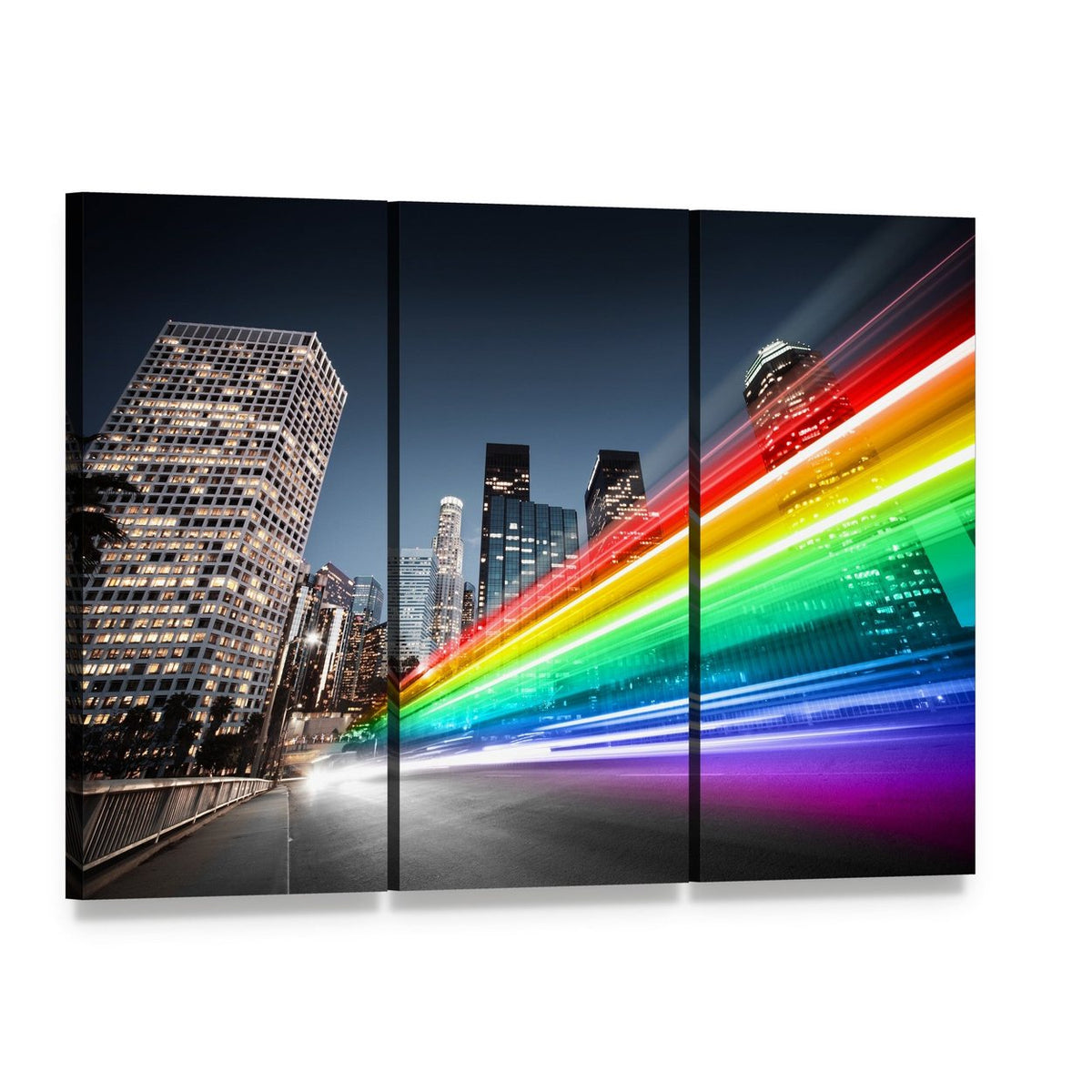 Colorful Rainbow Bus Traffic Canvas Wall Art, 3 panel 3 Horizontal layout gallery wrapped canvas set, angled product view
