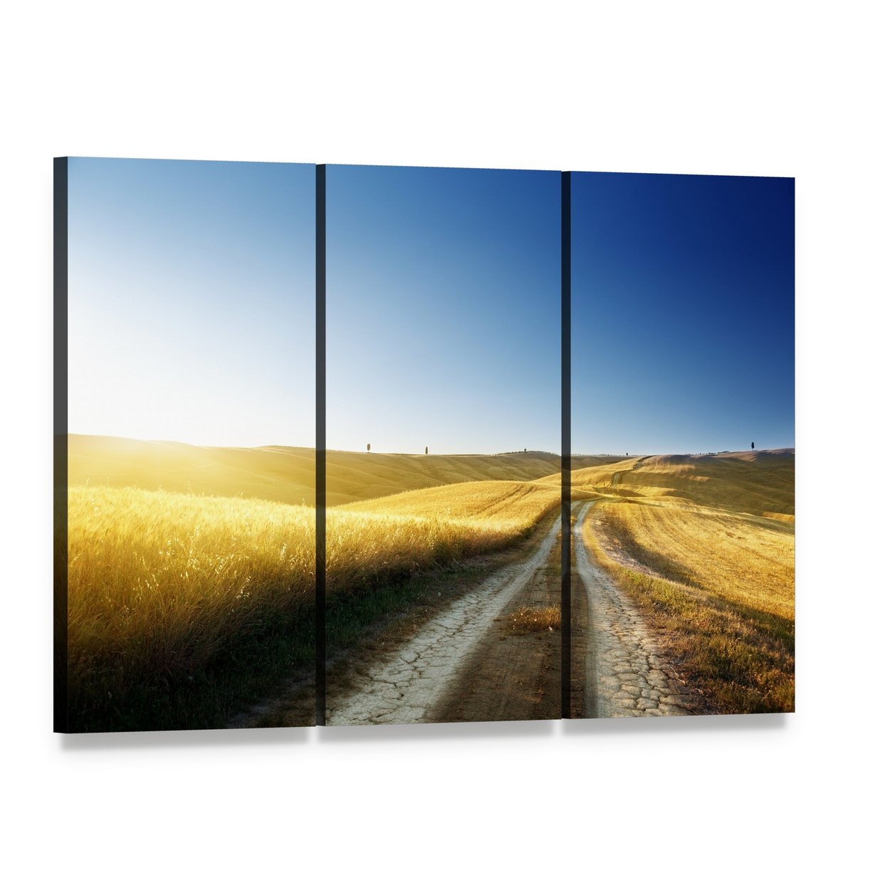 Tuscan Road at Sunset Canvas Wall Art, 3 panel 3 Horizontal layout gallery wrapped canvas set, angled product view