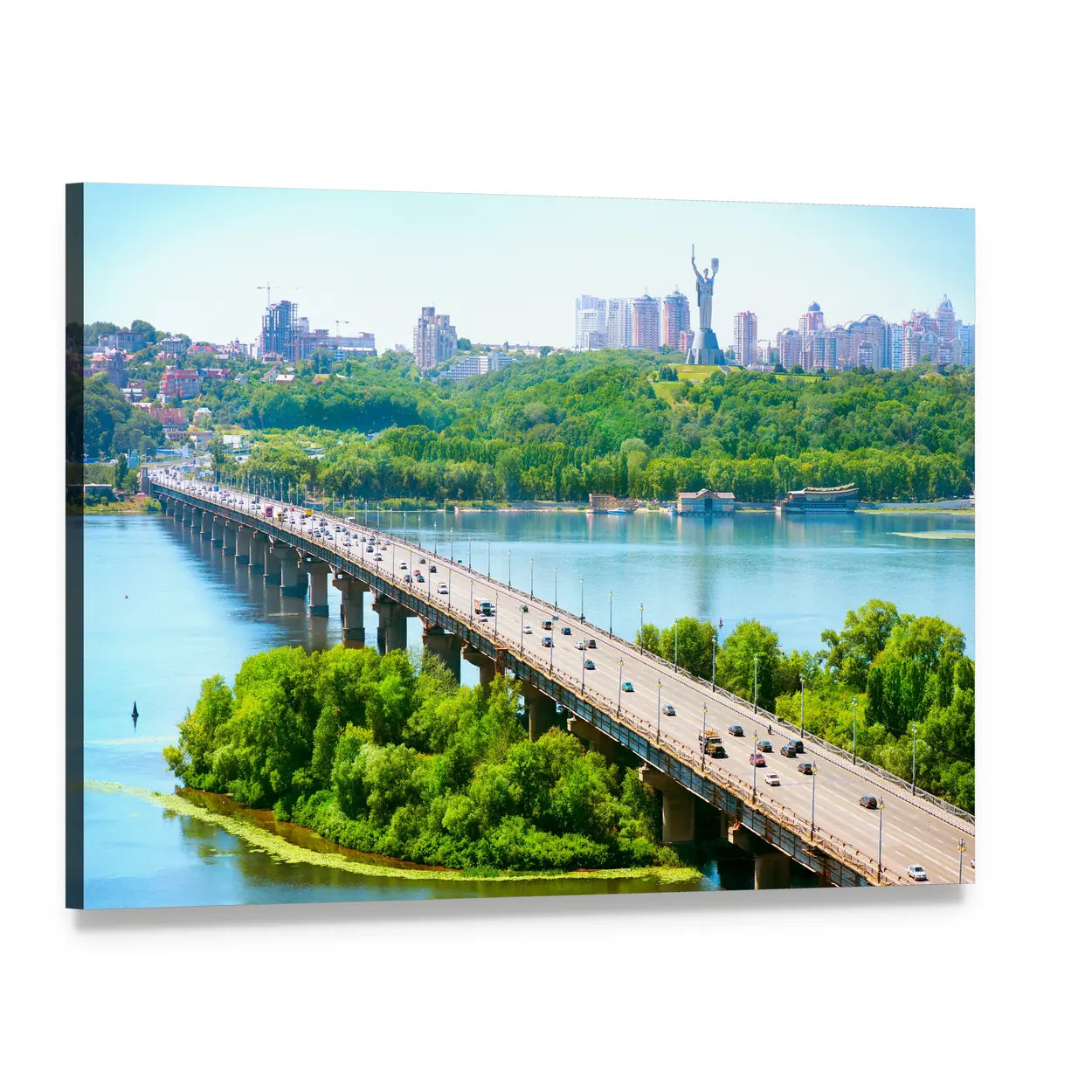 Kiev City Bridge and River Skyline Canvas Wall Art, single panel gallery wrapped canvas, angled product view