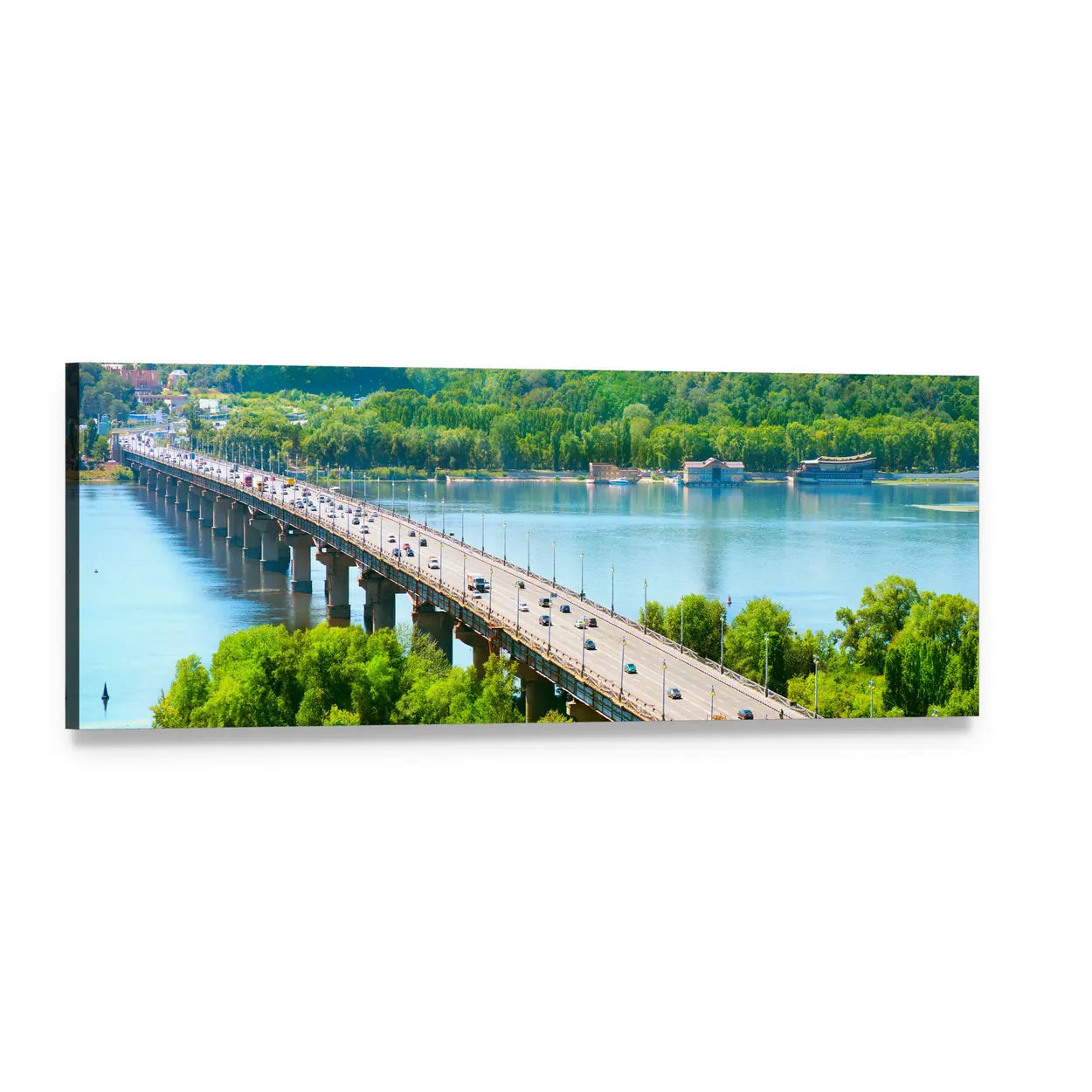 Long Bridge Over River with Trees Panoramic Canvas Wall Art, single panel gallery wrapped canvas, angled product view