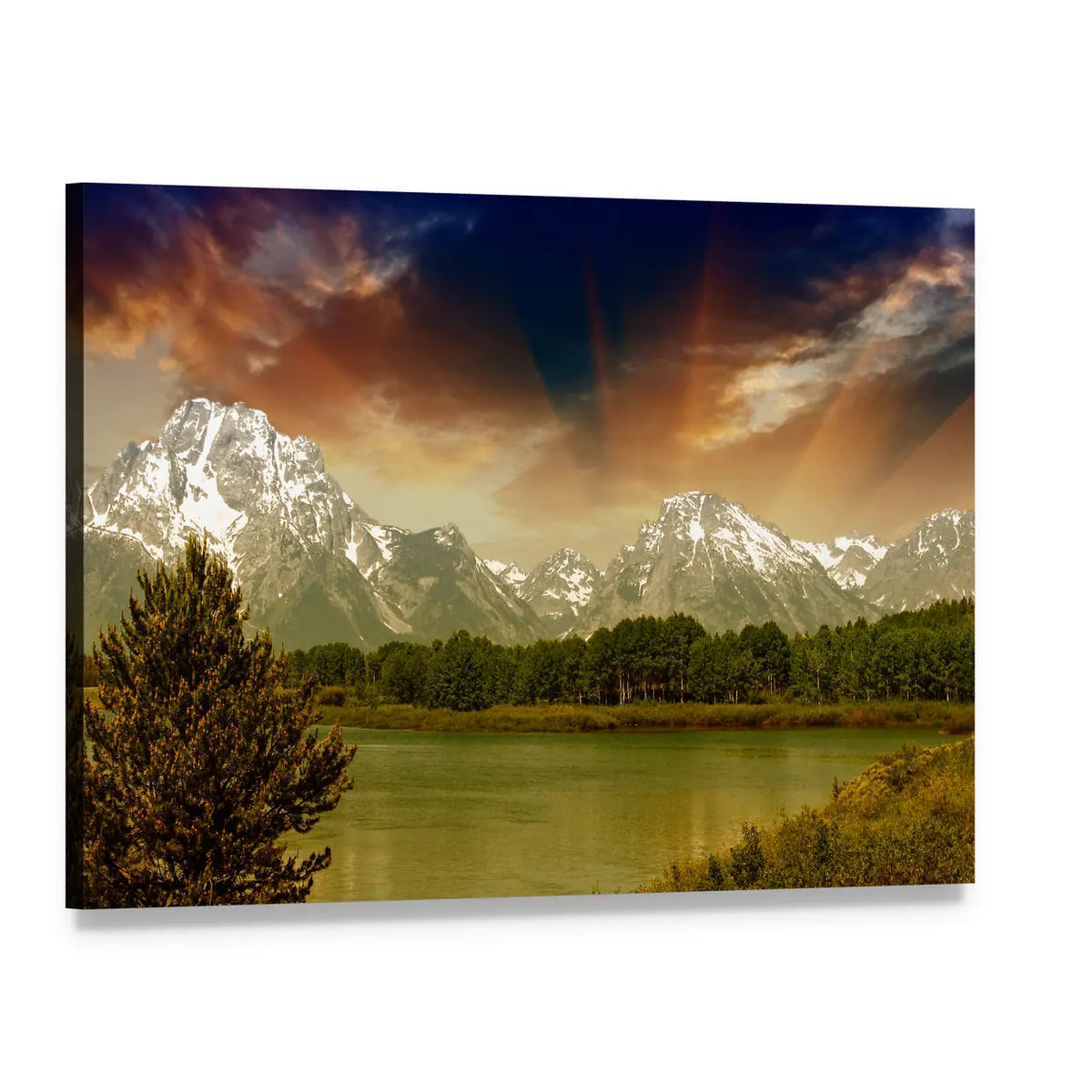 Grand Teton Lake Reflection at Sunset Canvas Wall Art, single panel gallery wrapped canvas, angled product view