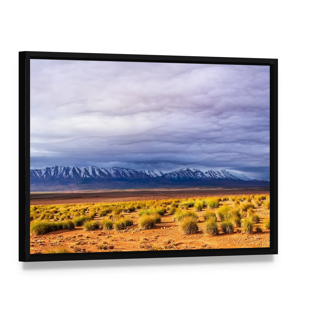 Morocco Desert with Snow-capped Peaks Canvas Wall Art, framed canvas in a black floater frame, angled product view
