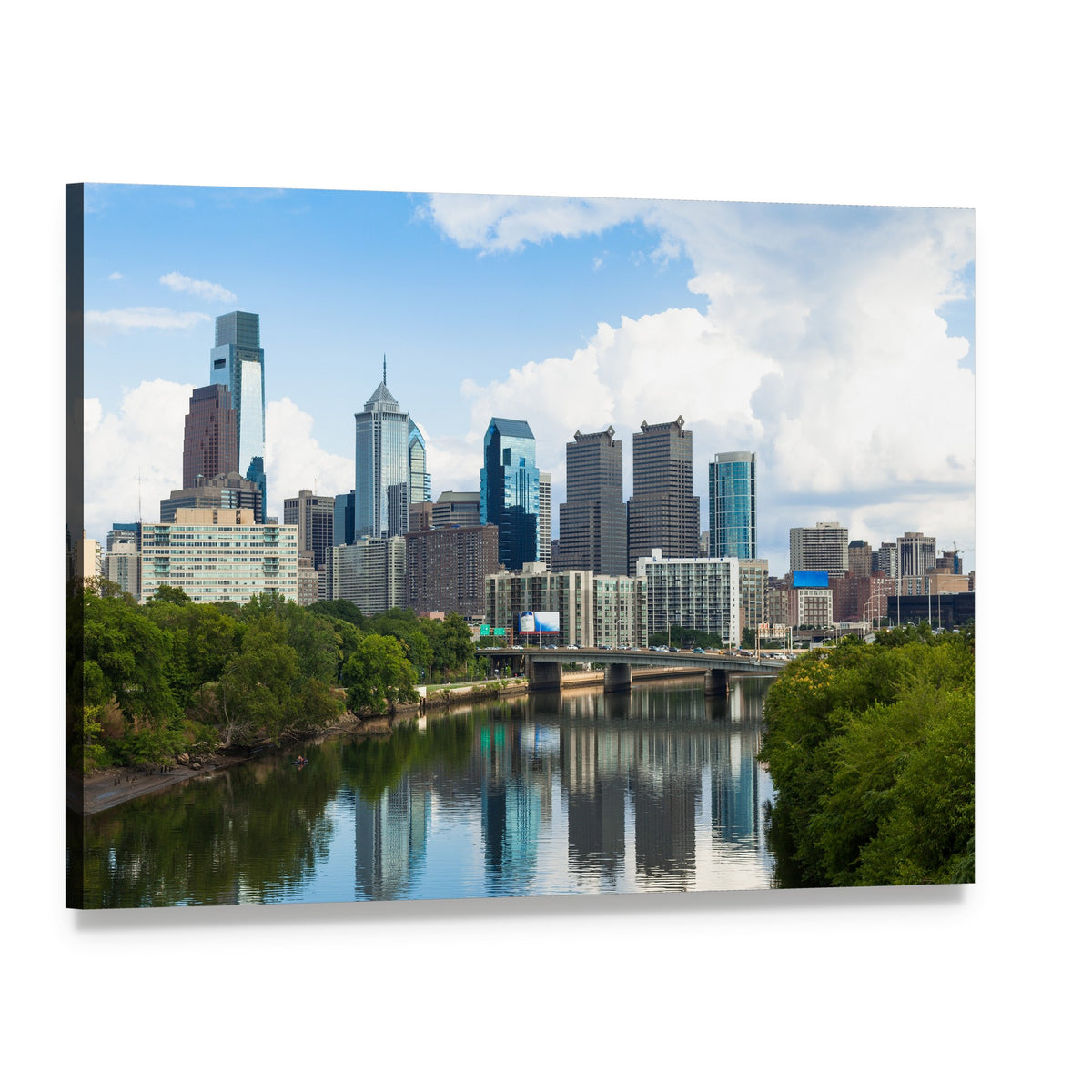 Philadelphia Skyline with River Reflections Canvas Wall Art, single panel gallery wrapped canvas, angled product view