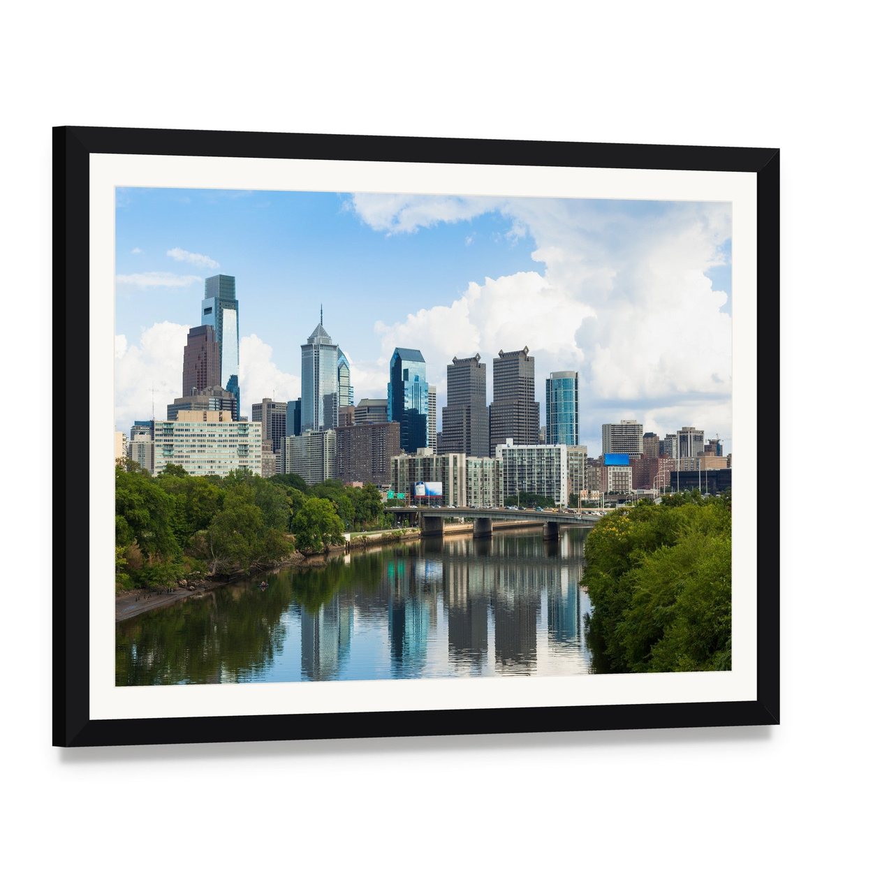 Philadelphia Skyline with River Reflections Canvas Wall Art, framed print with white mat and black frame, angled product view