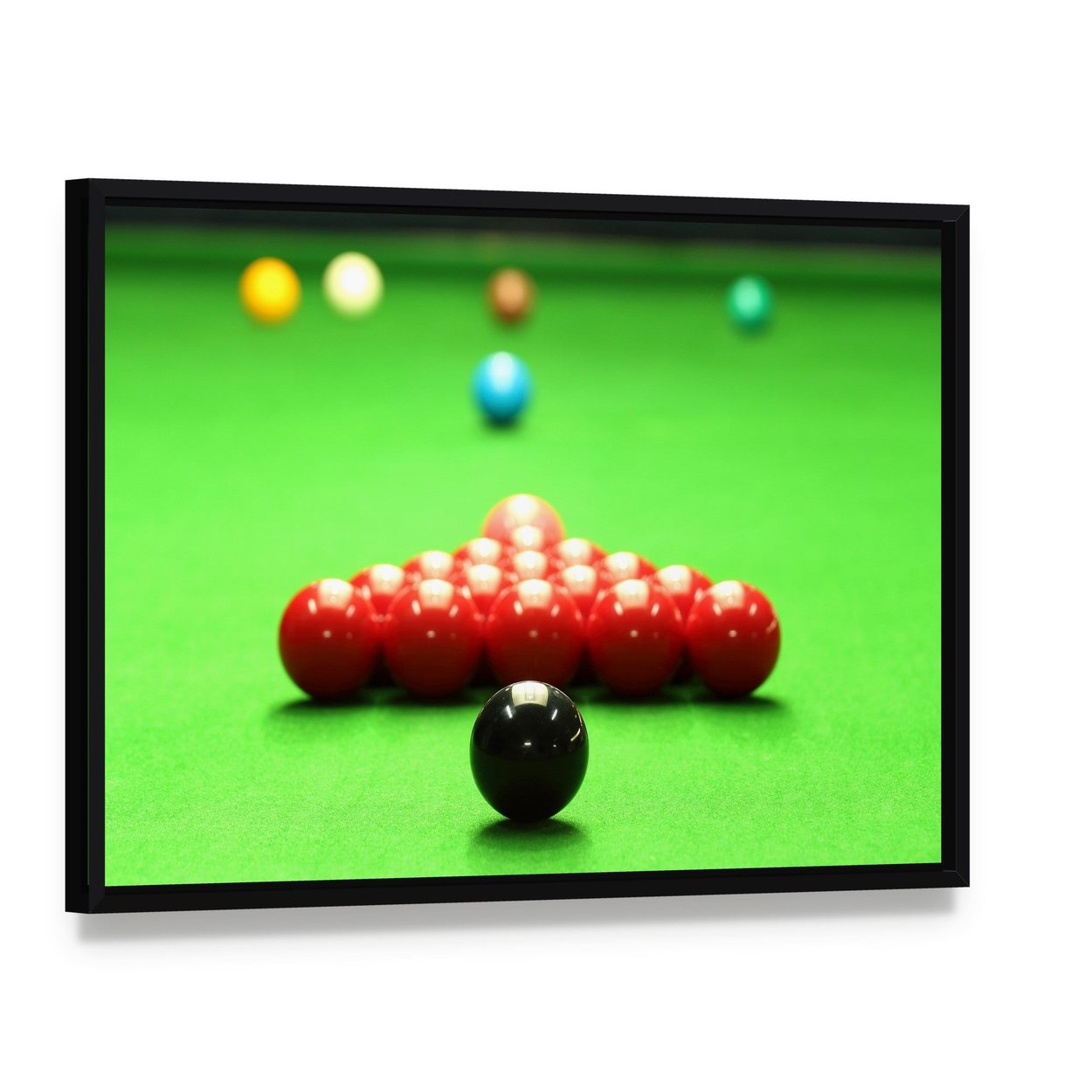 Snooker Balls Ready for Shot Canvas Wall Art, framed canvas in a black floater frame, angled product view