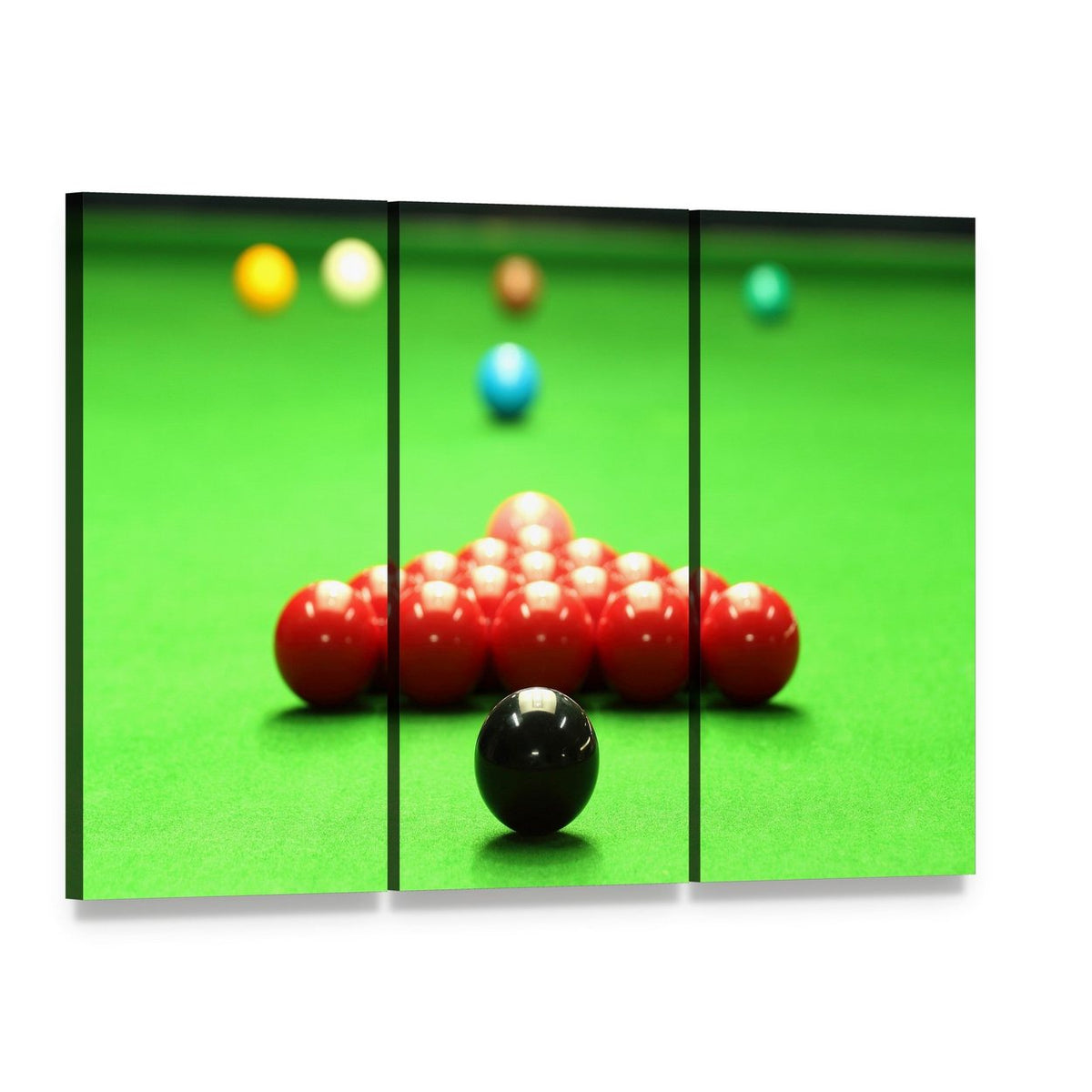 Snooker Balls Ready for Shot Canvas Wall Art, 3 panel 3 Horizontal layout gallery wrapped canvas set, angled product view