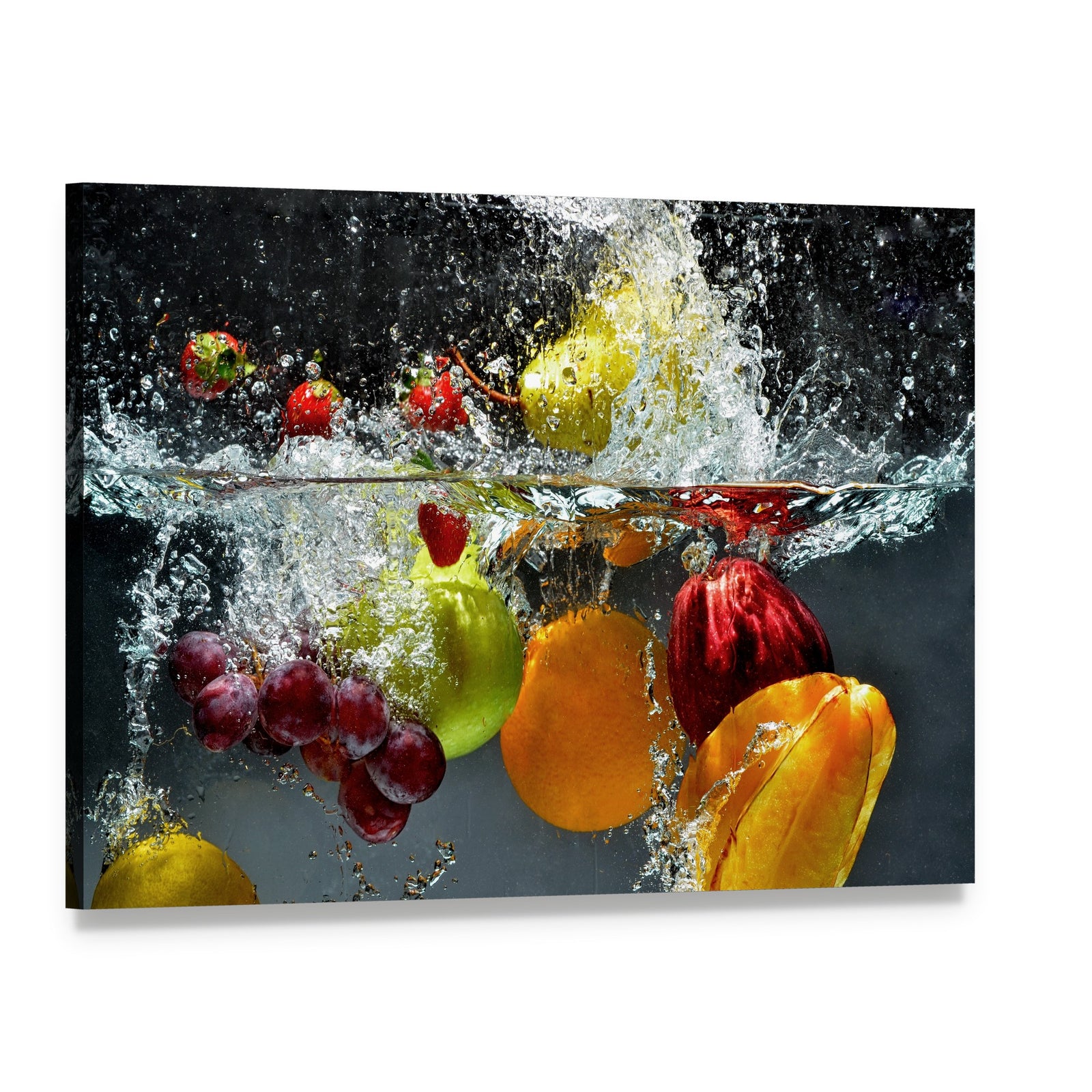 Fruit Splash Under Water Canvas Wall Art, single panel gallery wrapped canvas, angled product view
