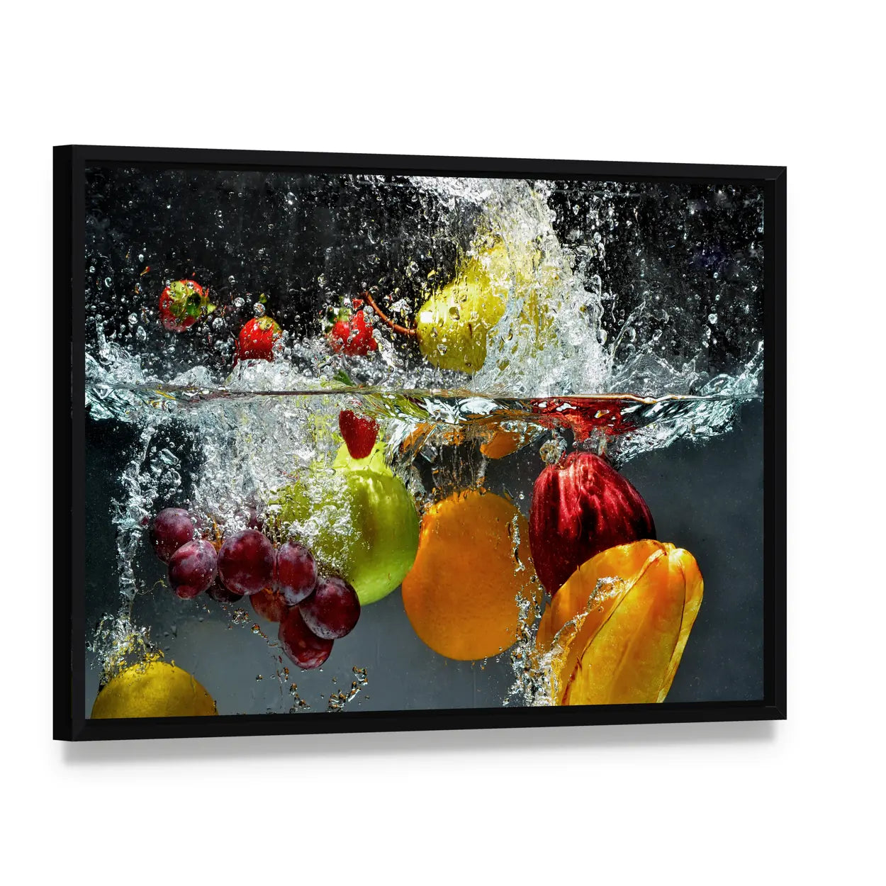 Mixed Fruit Underwater Splash Canvas Wall Art, framed canvas in a black floater frame, angled product view