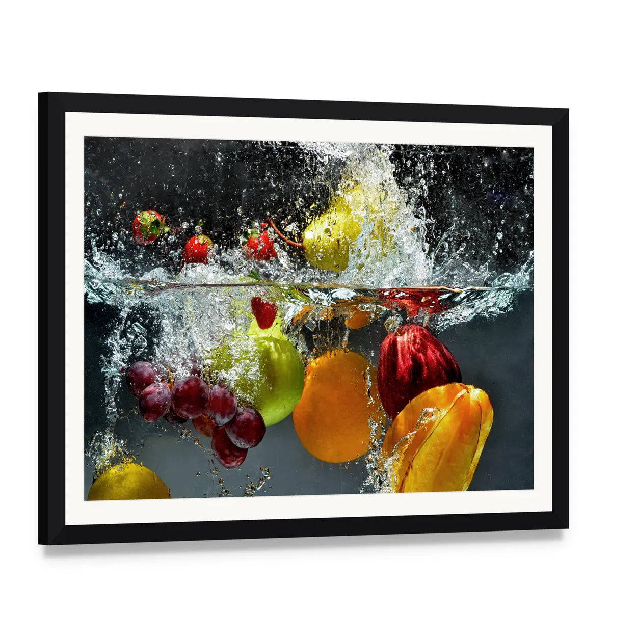 Mixed Fruit Underwater Splash Canvas Wall Art, framed print with white mat and black frame, angled product view