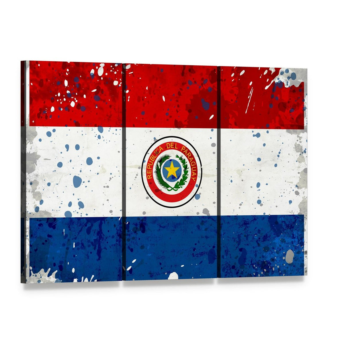 Grunge Paraguayan Flag Canvas Wall Art, 3 panel 3 Horizontal layout gallery wrapped canvas set, angled product view