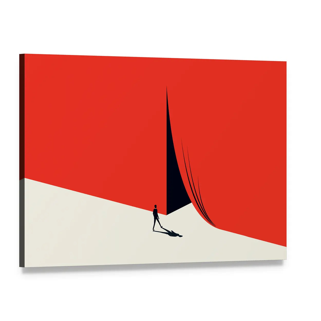 Man Walking Across Red Minimalist Landscape Canvas Wall Art, single panel gallery wrapped canvas, angled product view