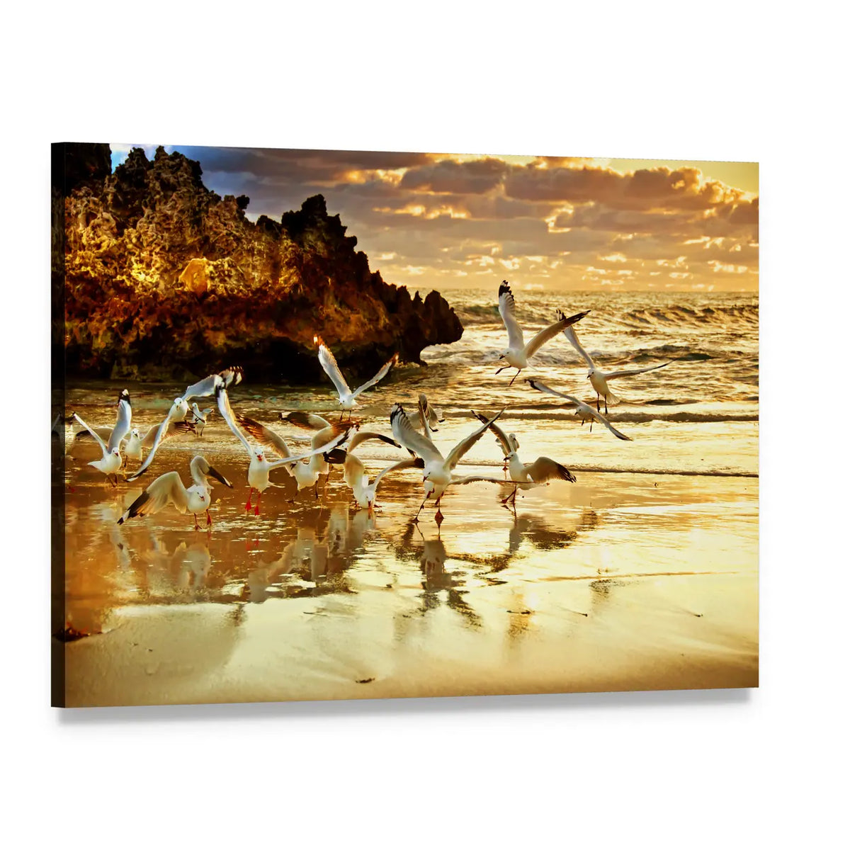 Two Rocks Perth Sunset with Seagulls Canvas Wall Art, single panel gallery wrapped canvas, angled product view