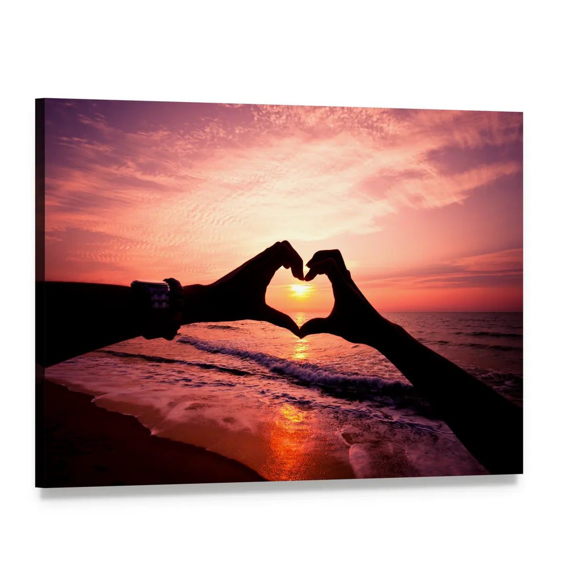 Hands Forming Heart with Sun Canvas Wall Art, single panel gallery wrapped canvas, angled product view