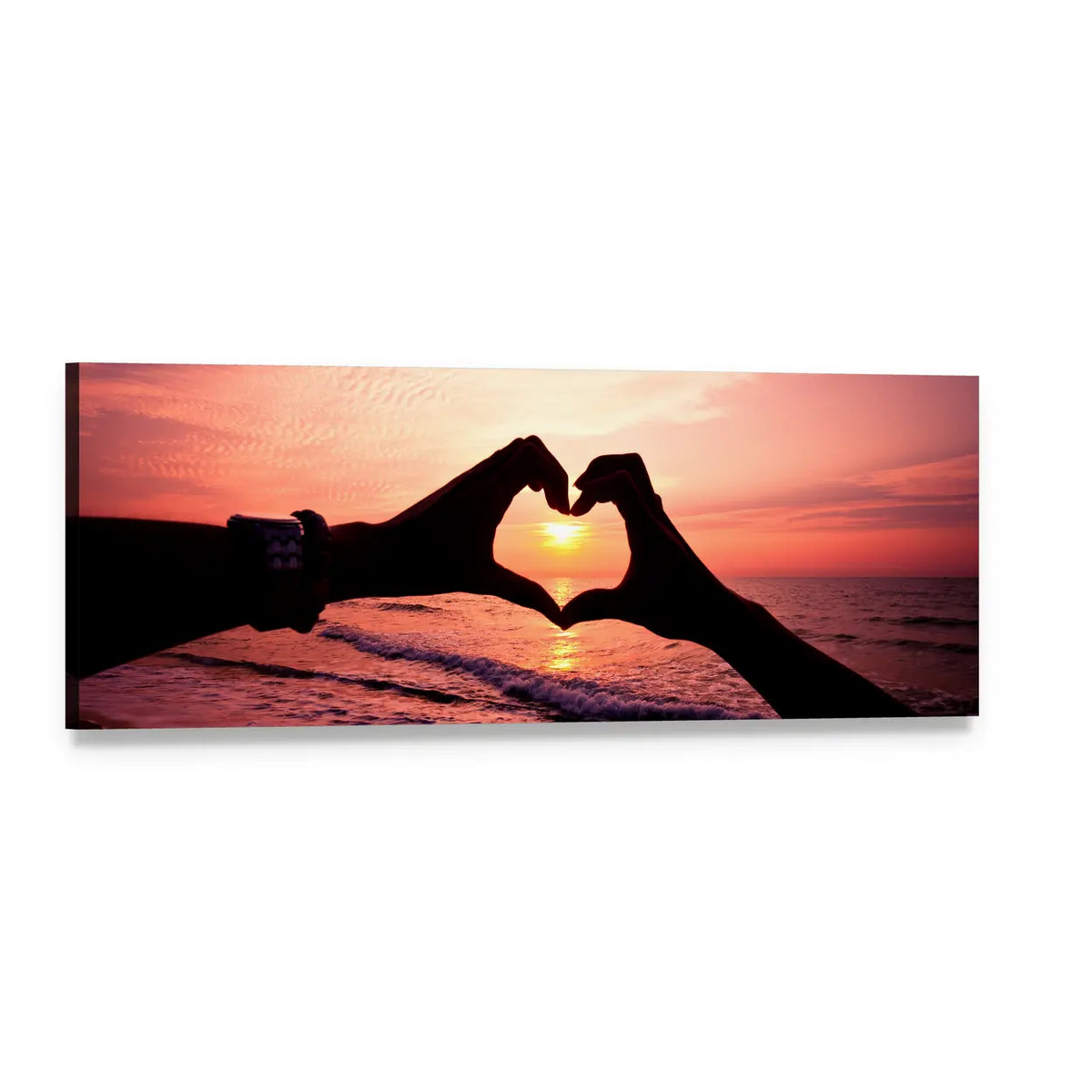 Hands Forming Heart at Sunset Panoramic Canvas Wall Art, single panel gallery wrapped canvas, angled product view