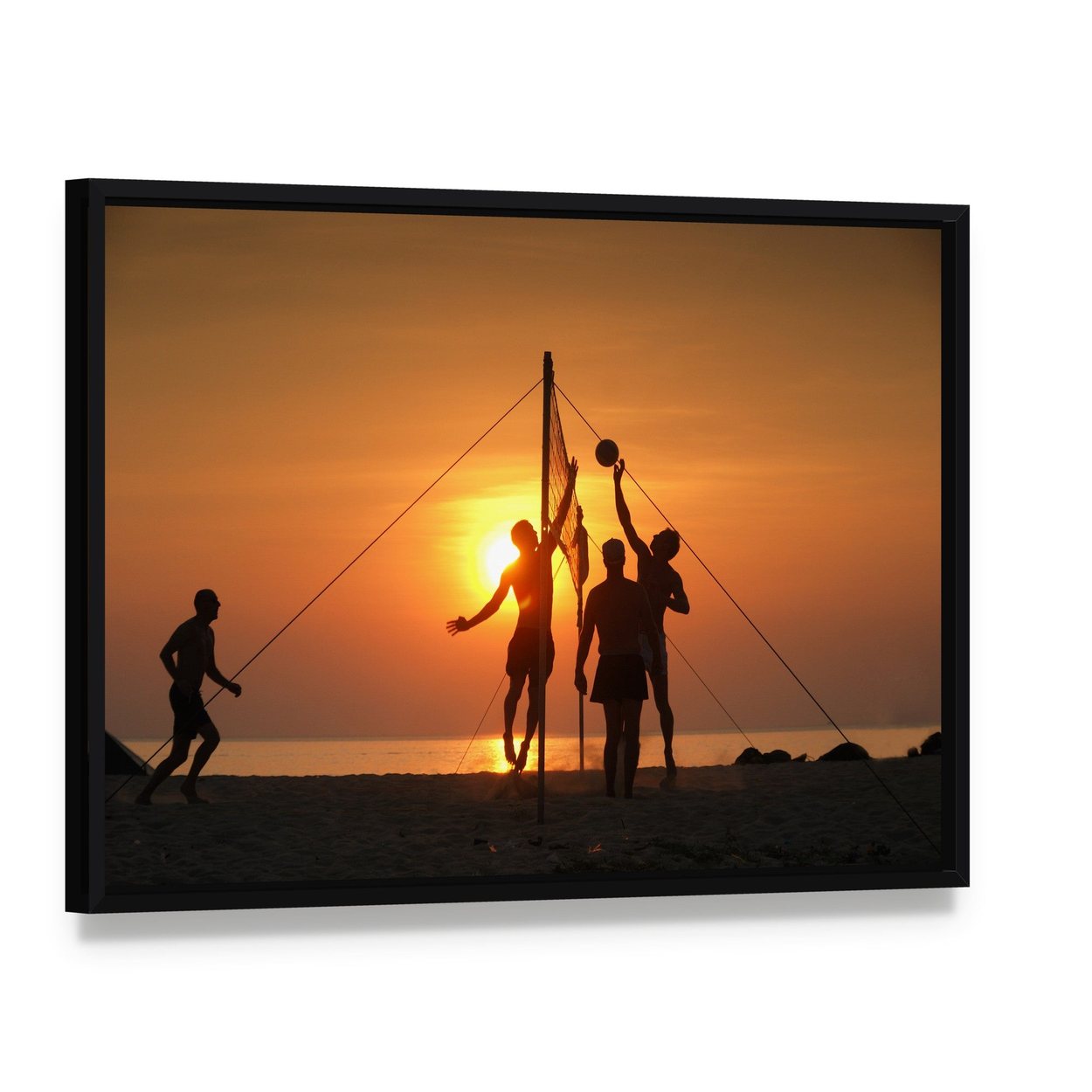 Beach Volleyball at Sunset Canvas Wall Art, framed canvas in a black floater frame, angled product view