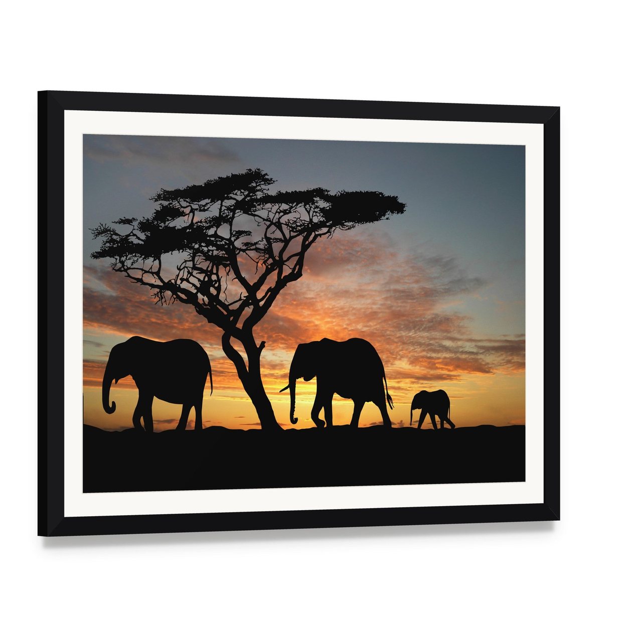 Herd of Elephants at Sunset Canvas Wall Art, framed print with white mat and black frame, angled product view